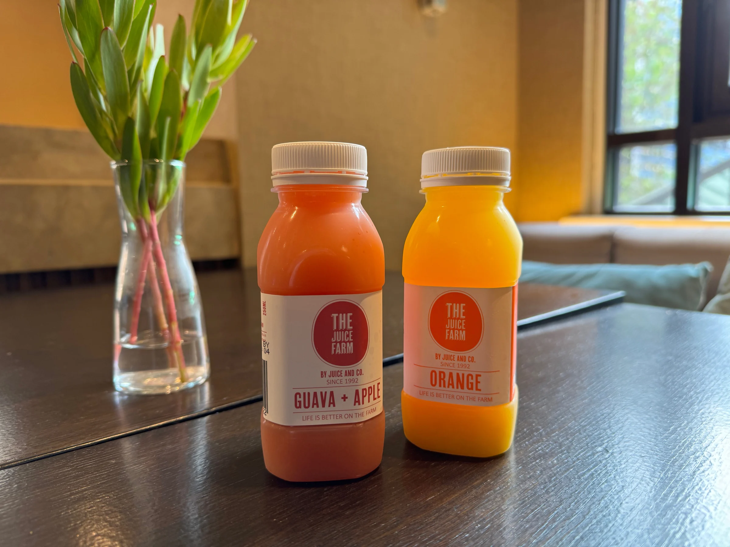 Two kinds of juice by the window.