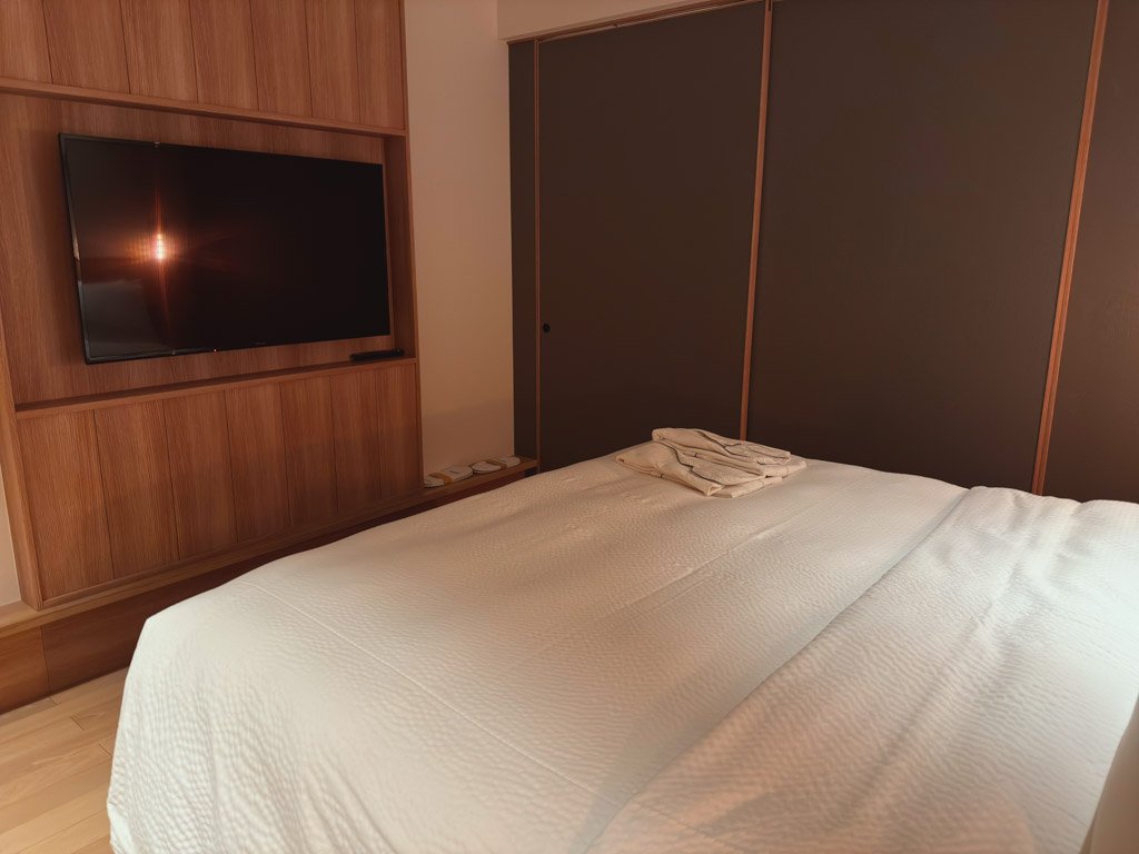 客室内のテレビとベッドエリア。扉で仕切ることができ、プライバシーを保ちながらくつろげる空間です。