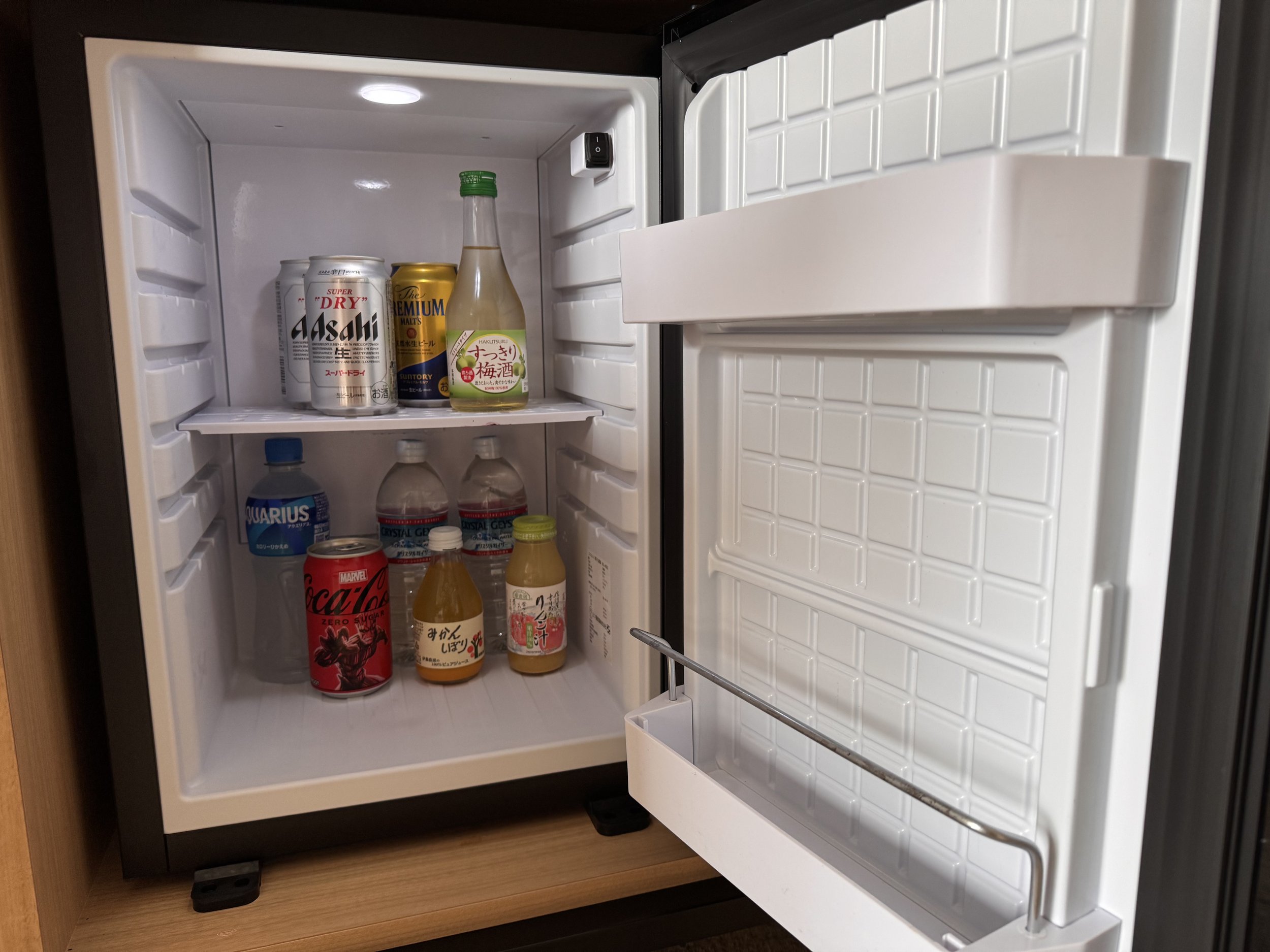  ビール、梅酒、アクエリアス、コーラ、水、フルーツジュースなどがあります。  どれも500円ぐらいで安かったです。 