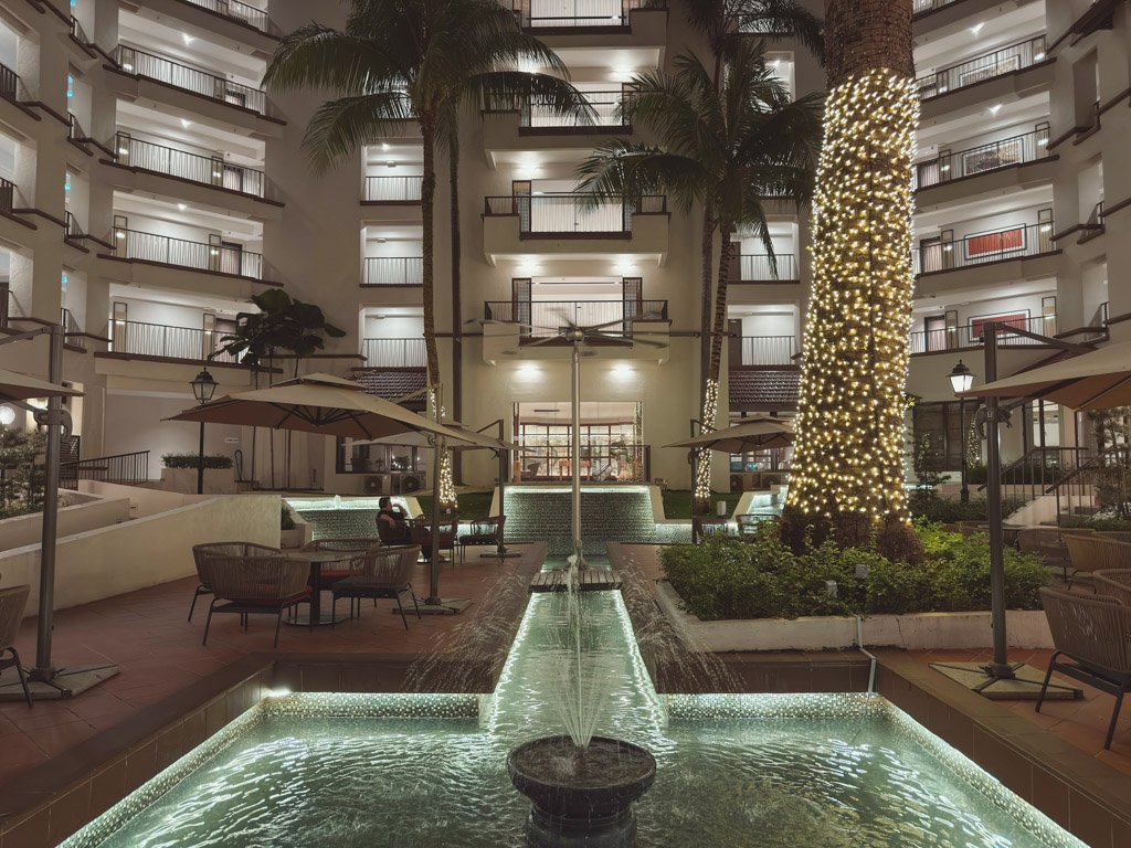 夜の中庭にあるクリスマスツリーと噴水