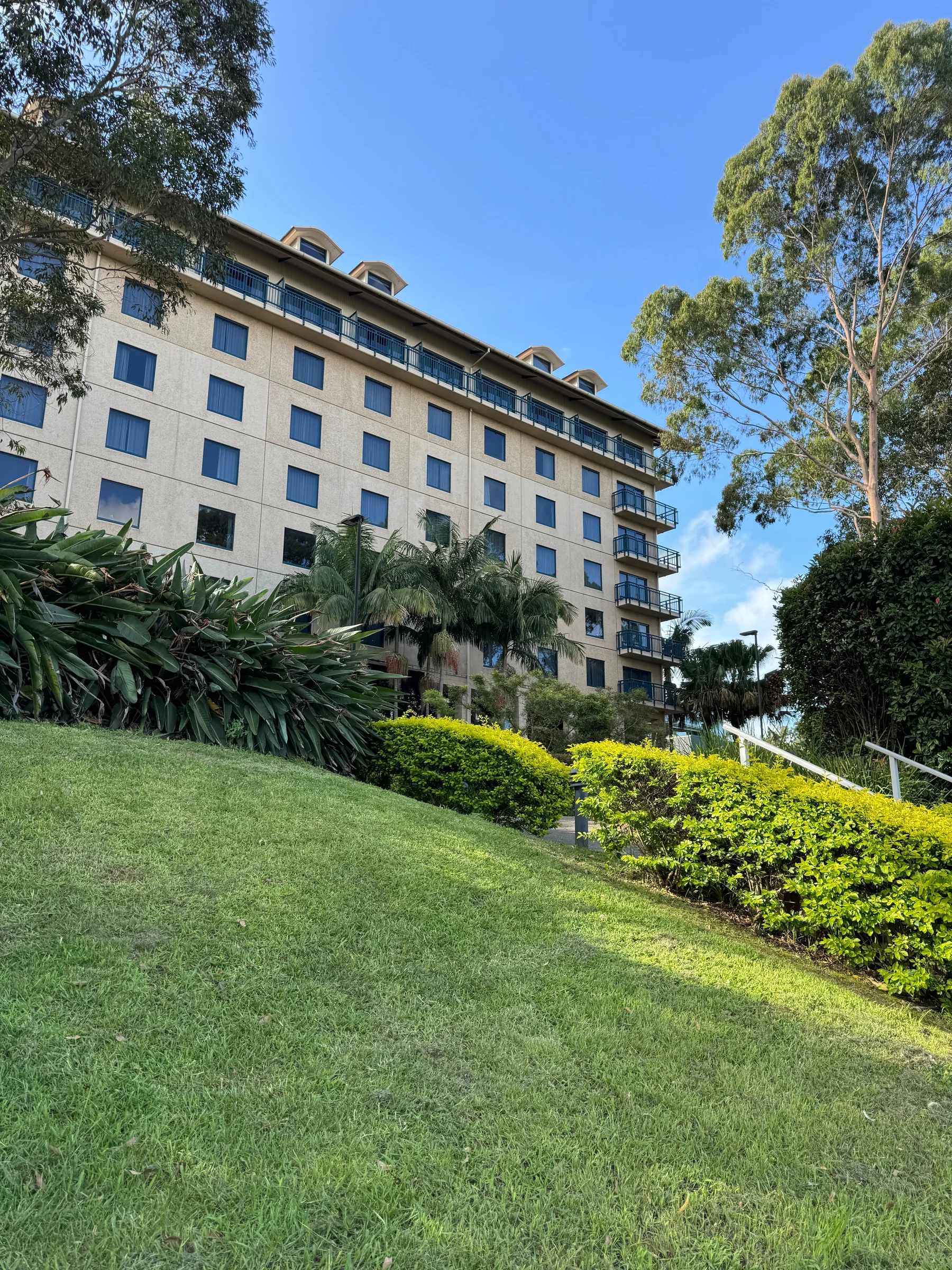 The hotel surrounded by greenery.