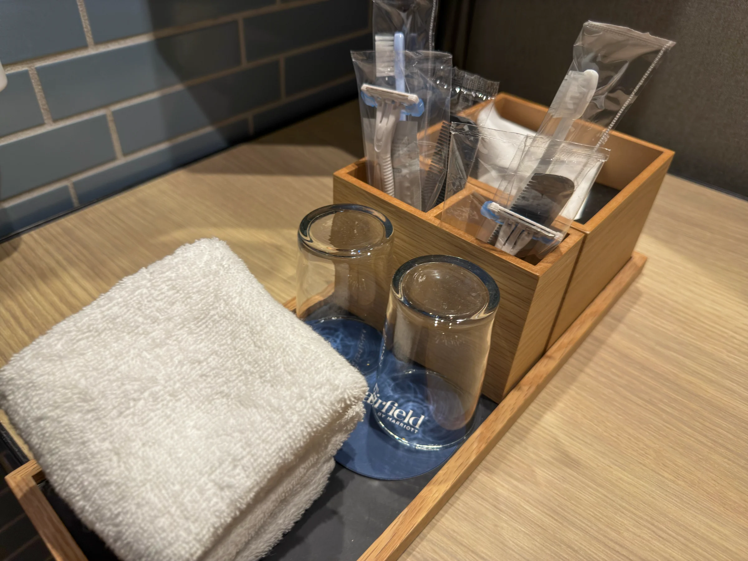 Amenities and towels at the vanity