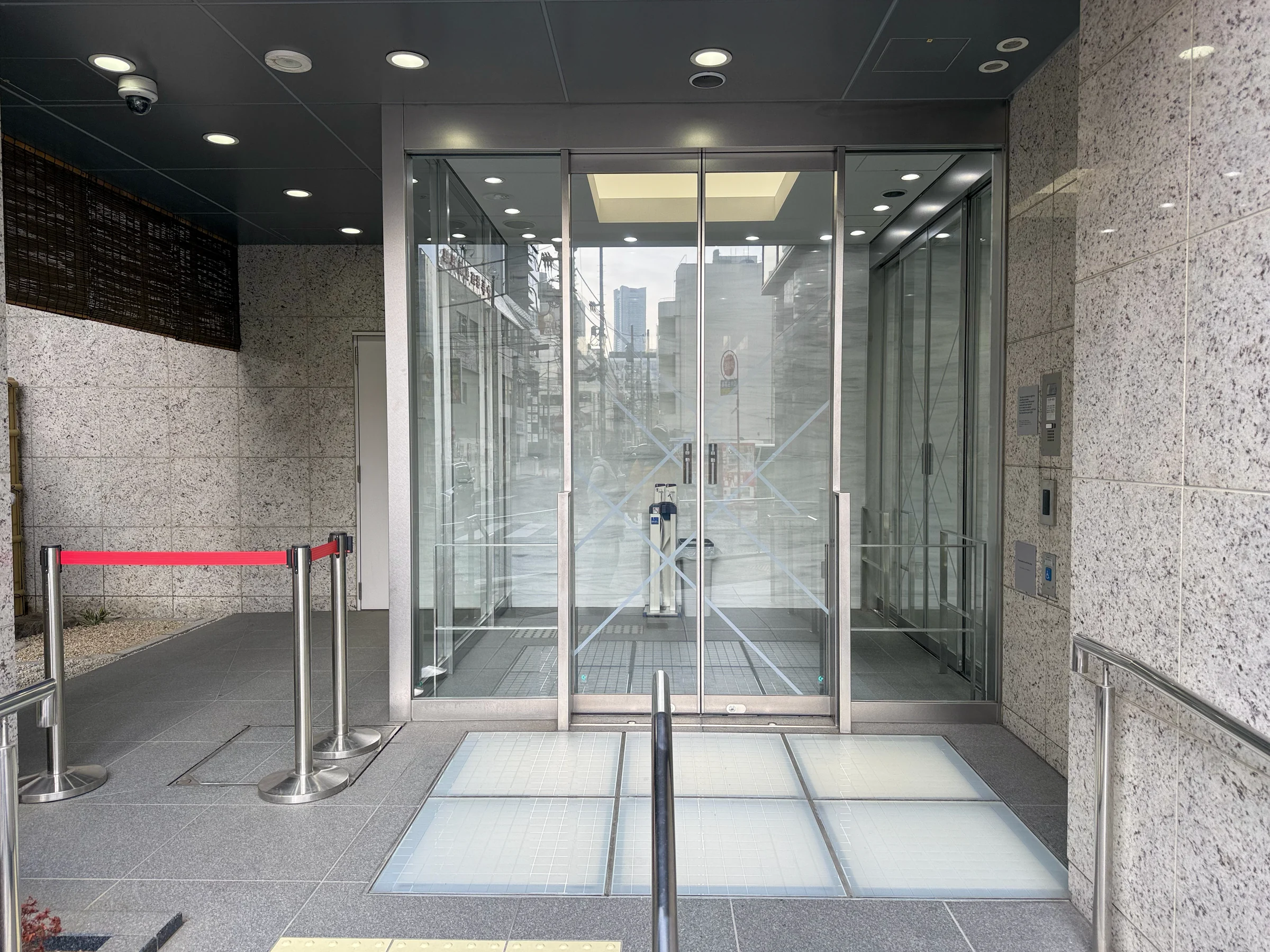 The glass entrance doors.