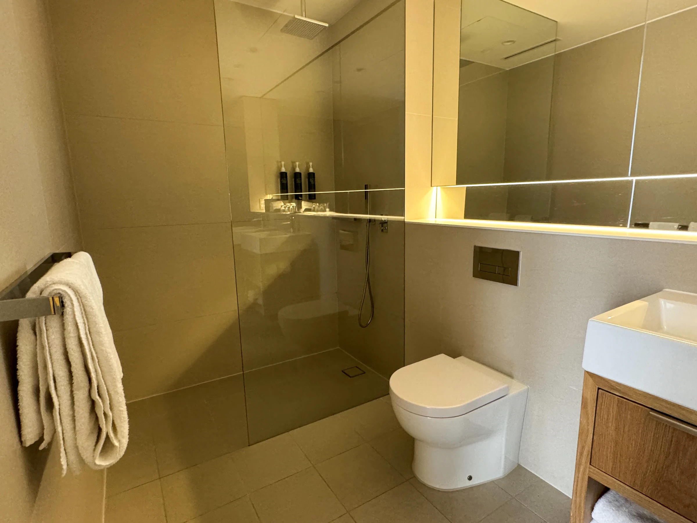The side of the bathroom with the shower and toilet.
