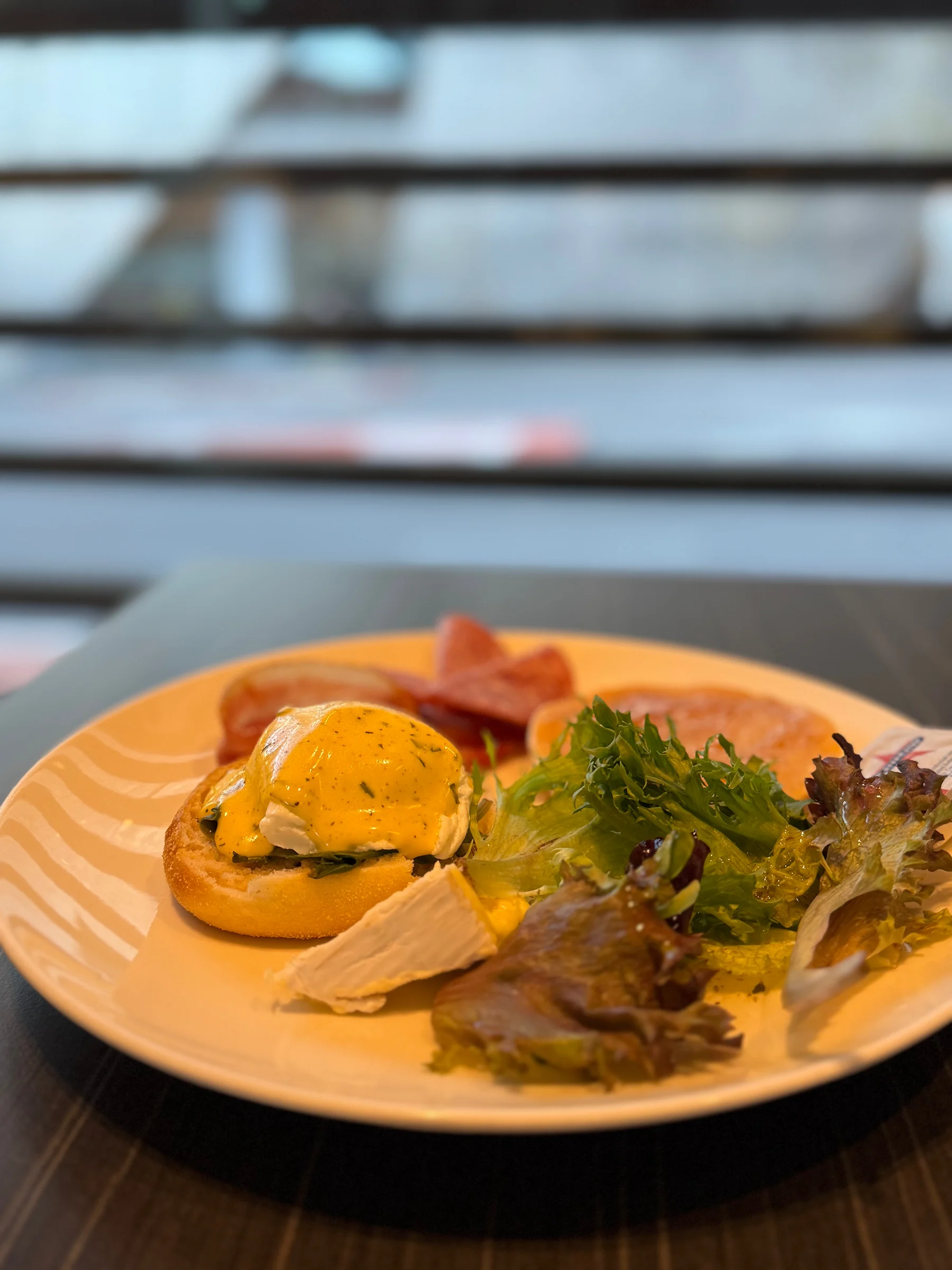 My breakfast, including eggs Benedict.