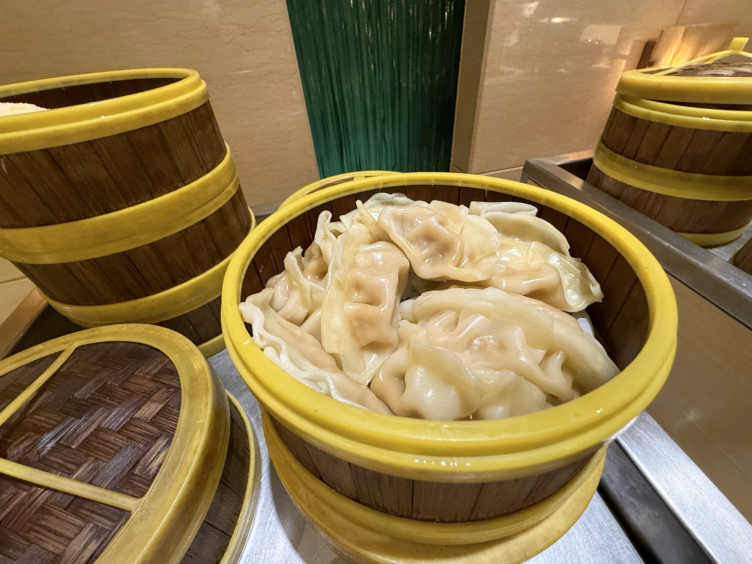 Dumplings in a bamboo steamer.