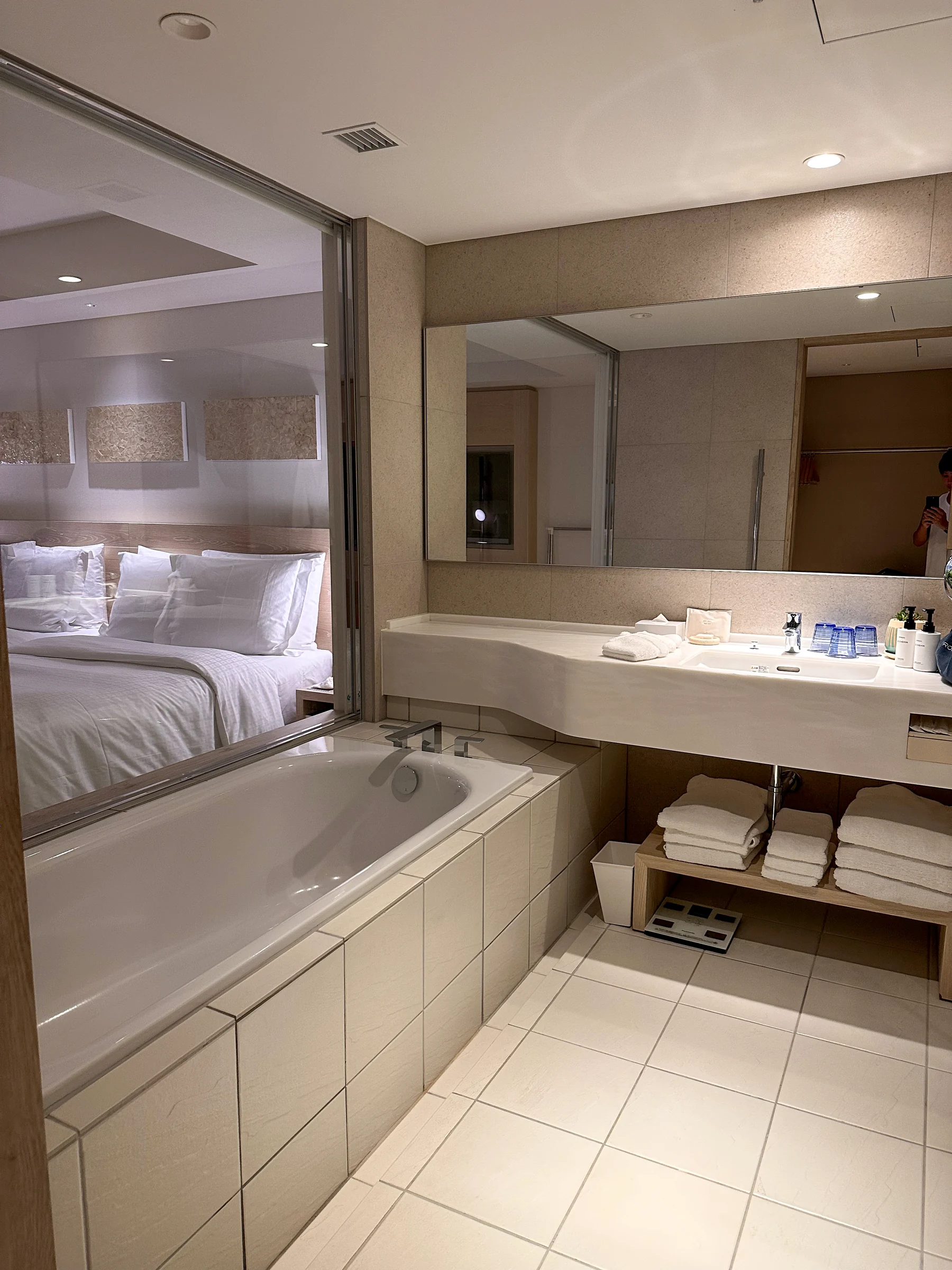 The spacious vanity and bathroom.
