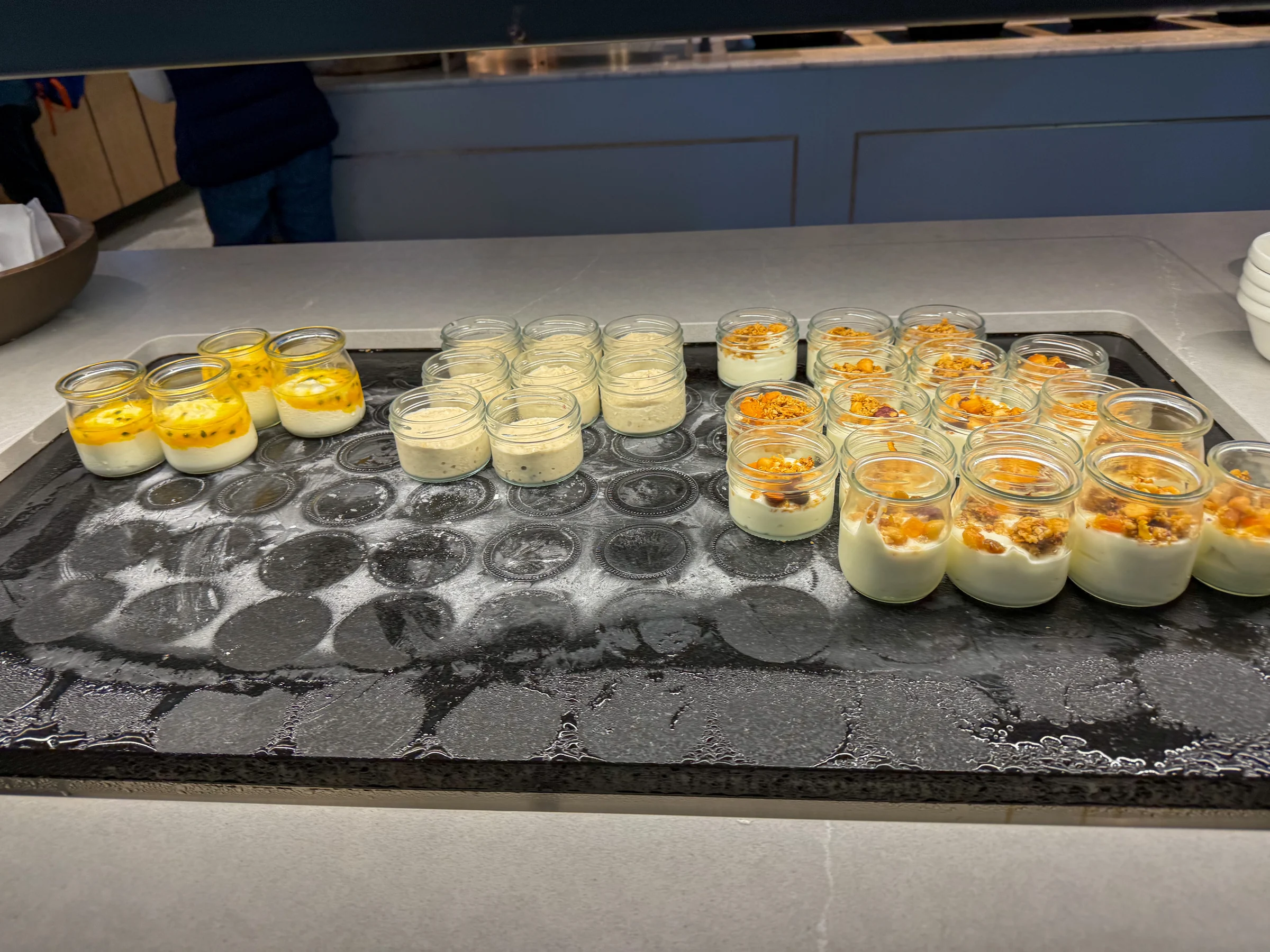 Yogurt and desserts served in glasses.