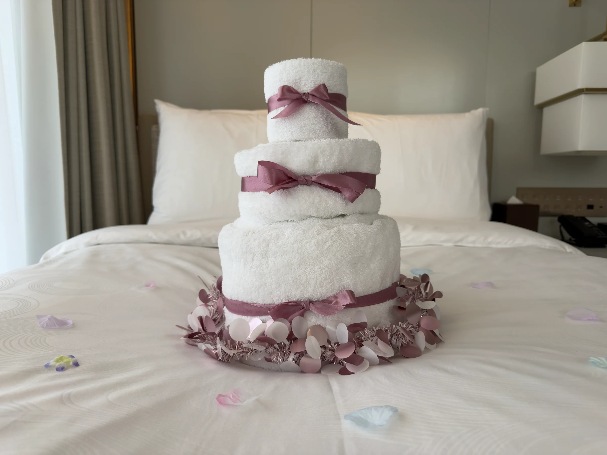 A towel cake prepared for our celebration.