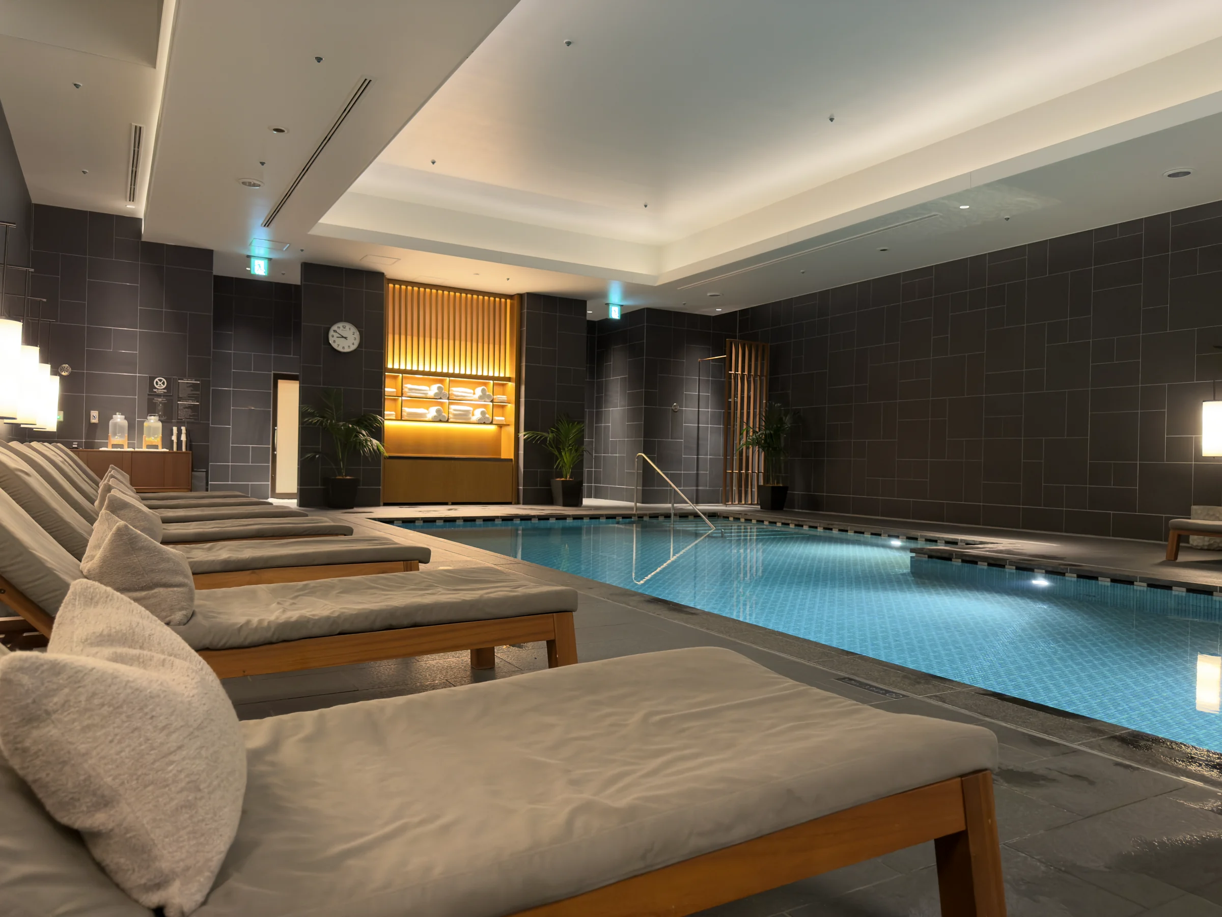 The indoor pool at night.