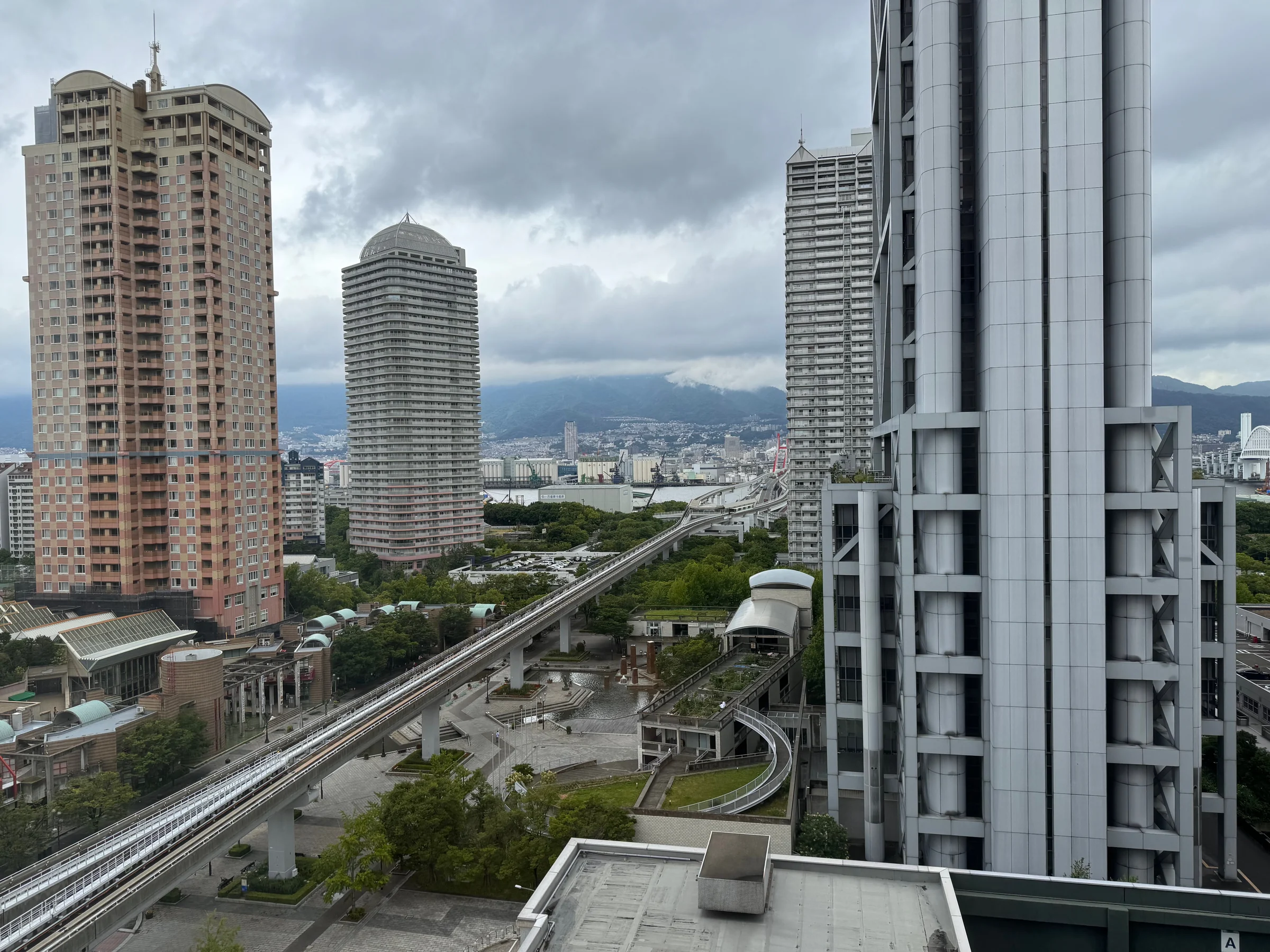 The Kobe-facing city view and Rokko Liner from the window.