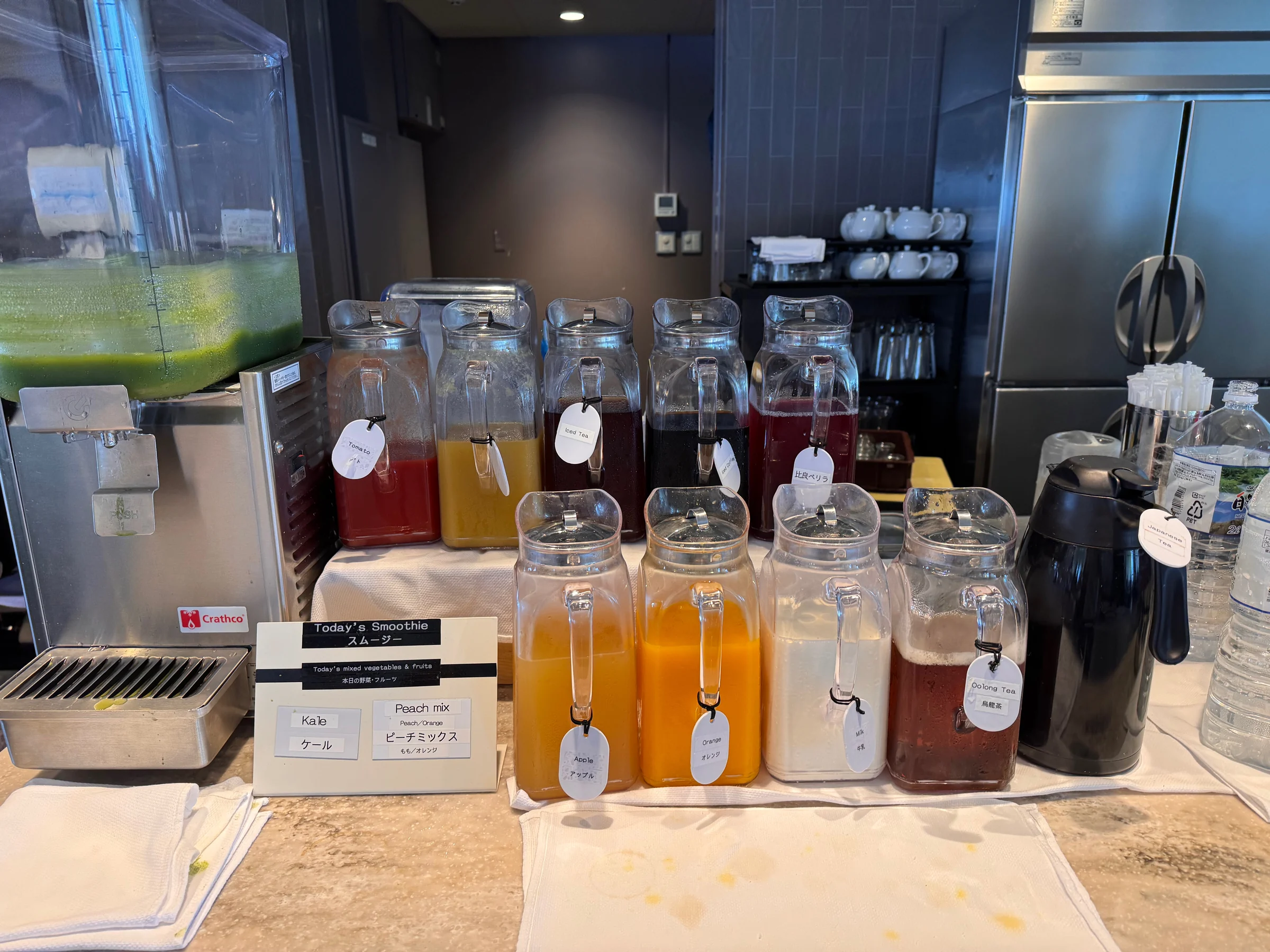 Juices arranged beside the window