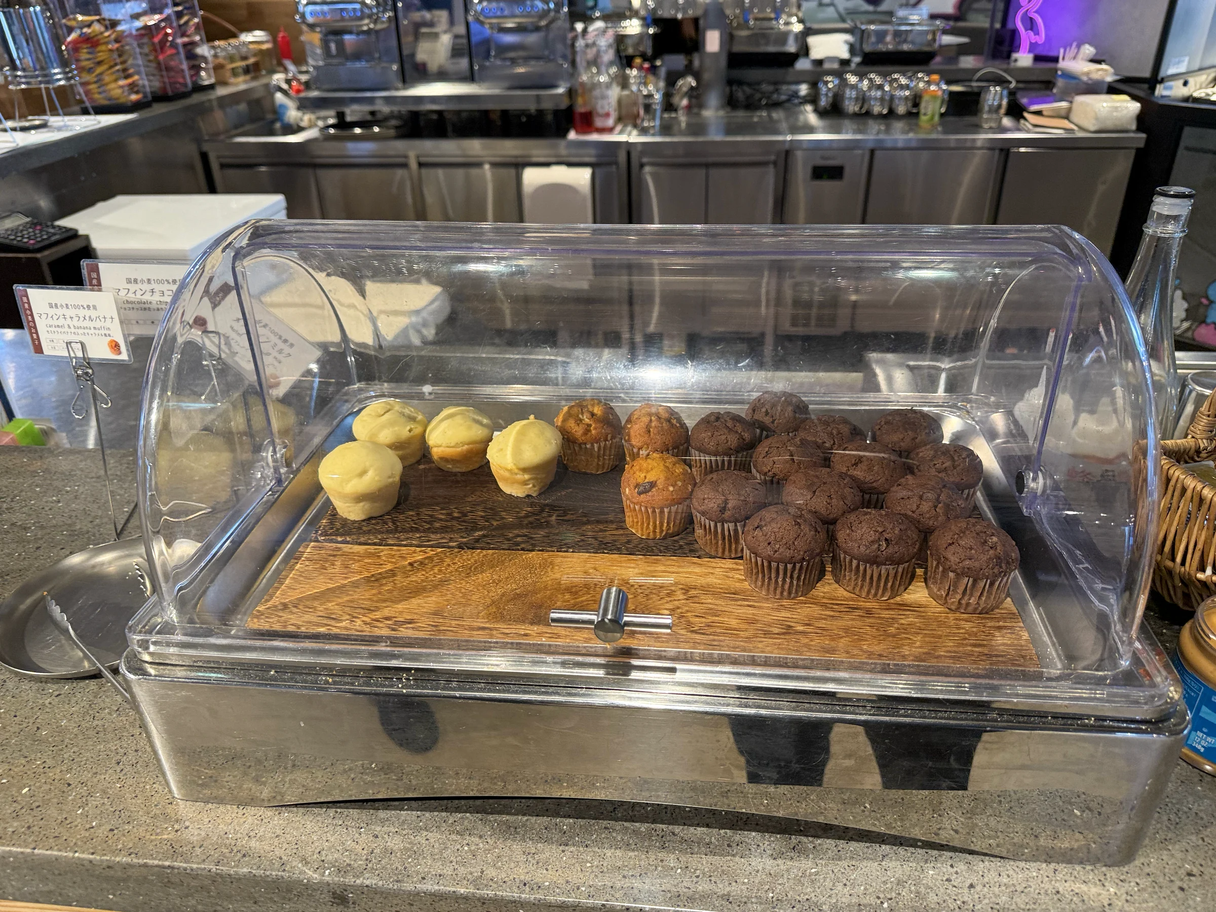 Muffins at the breakfast counter.