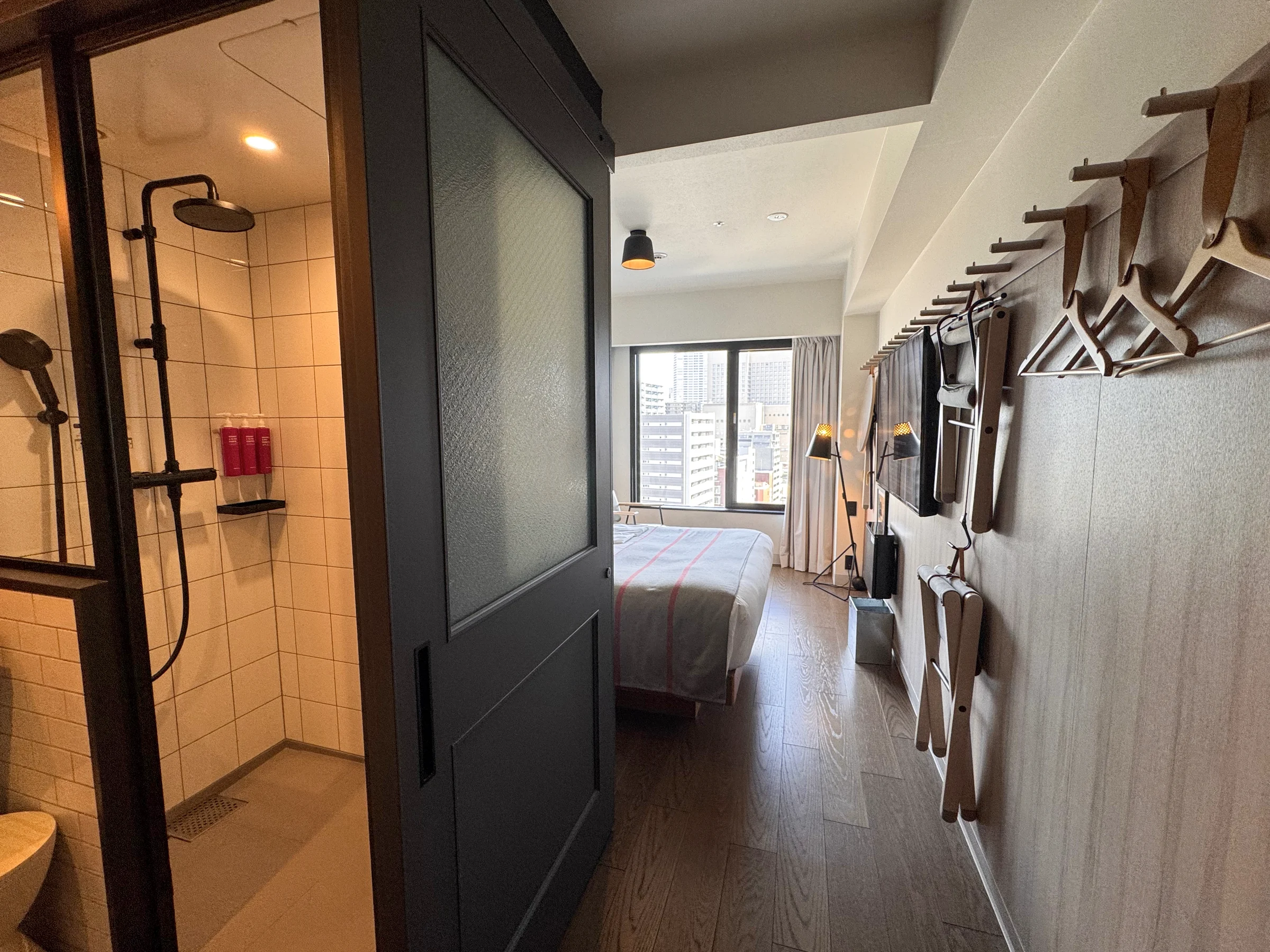 The room and shower area from the entrance