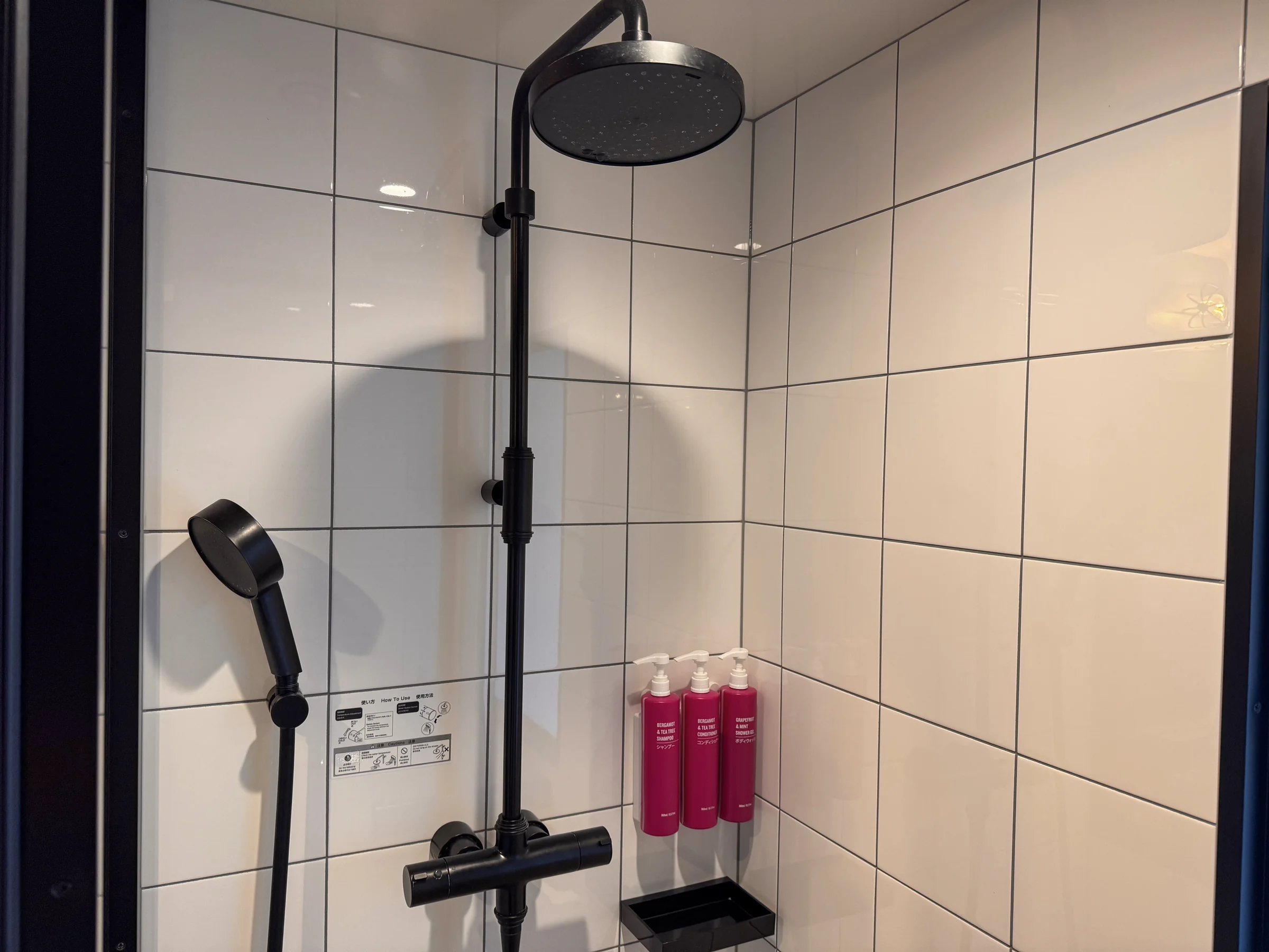 The rain shower and pink bottles