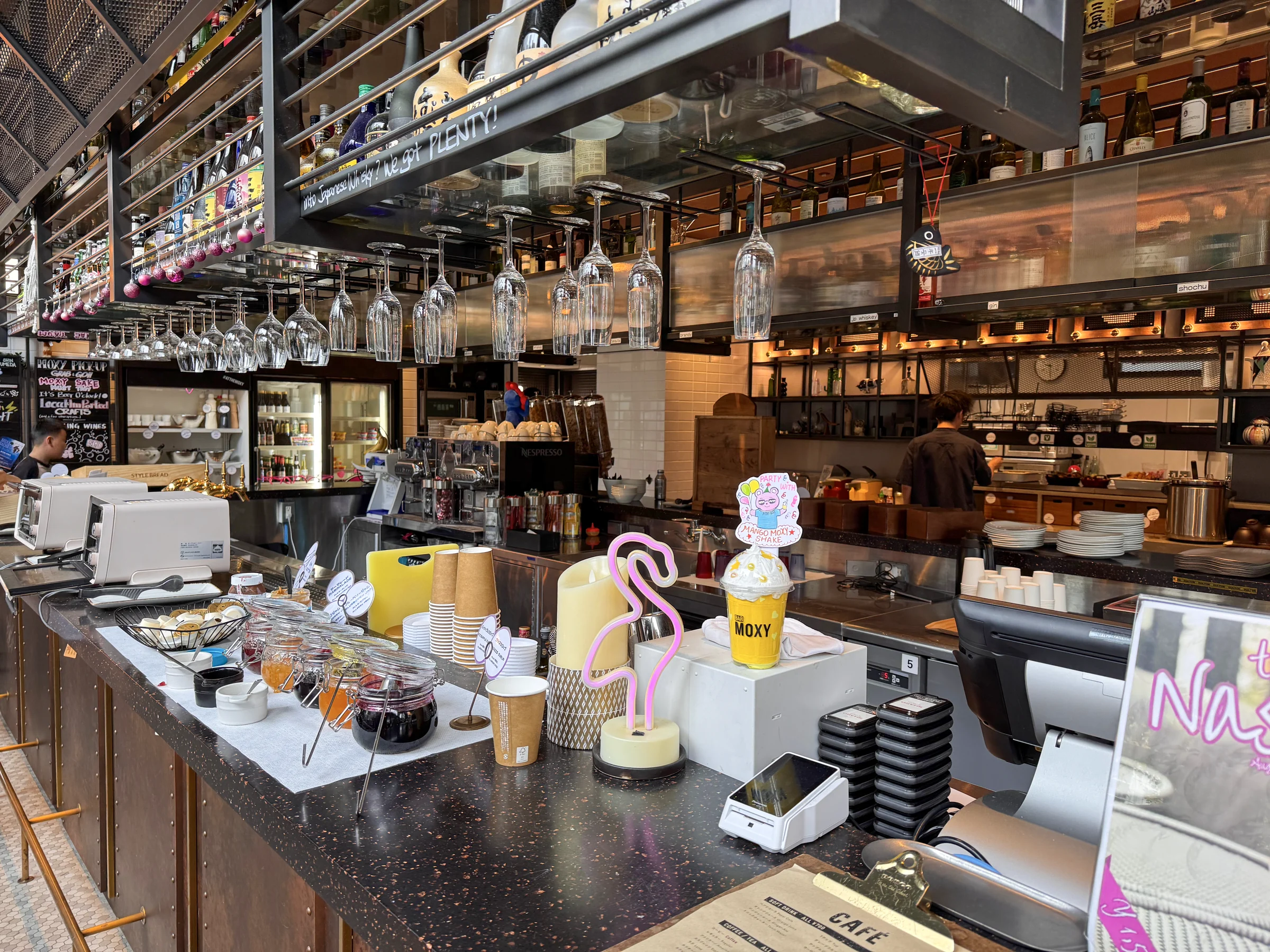 Breakfast laid out at Moxy Bar
