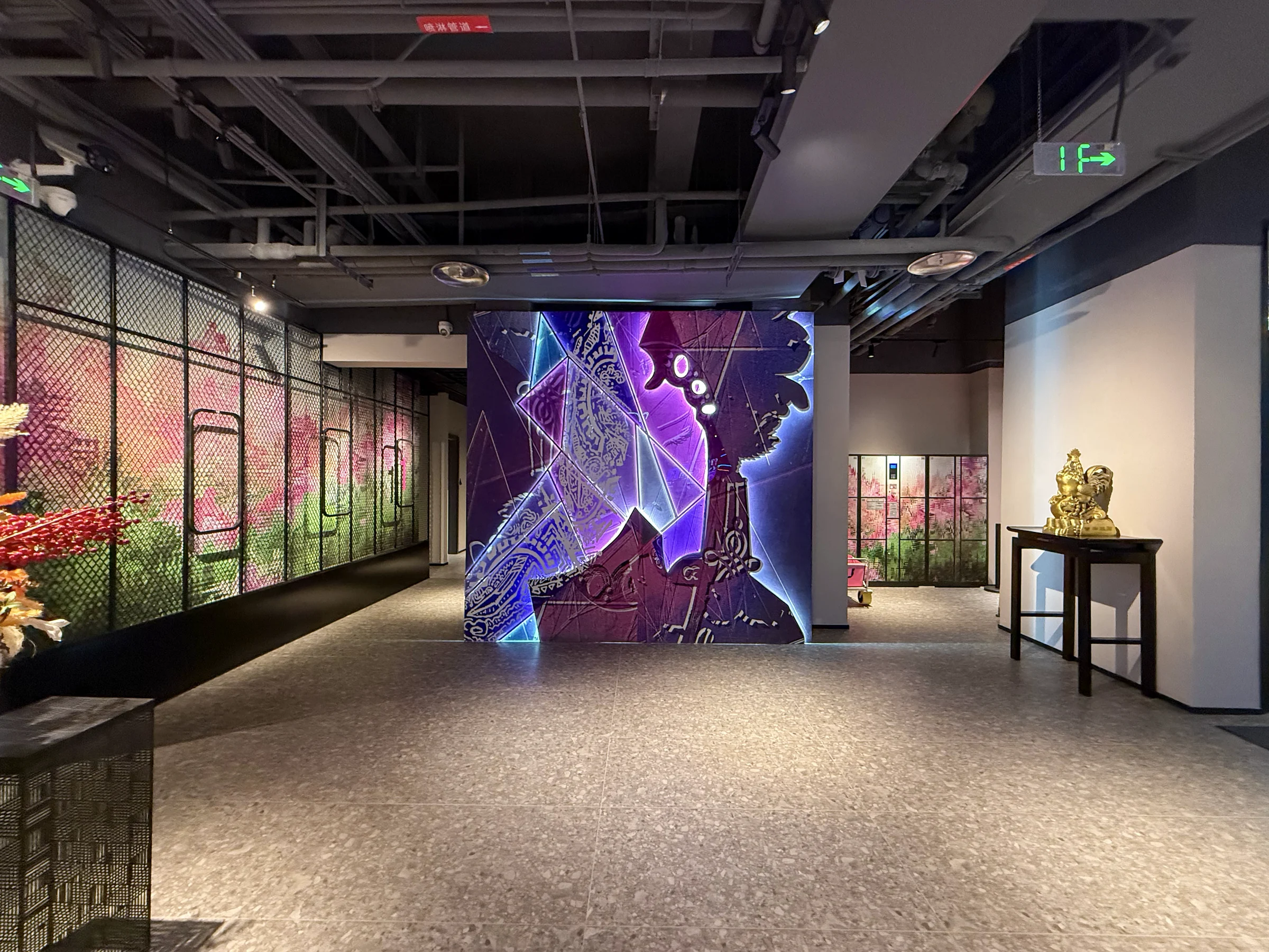 Neon art glowing in the lobby.