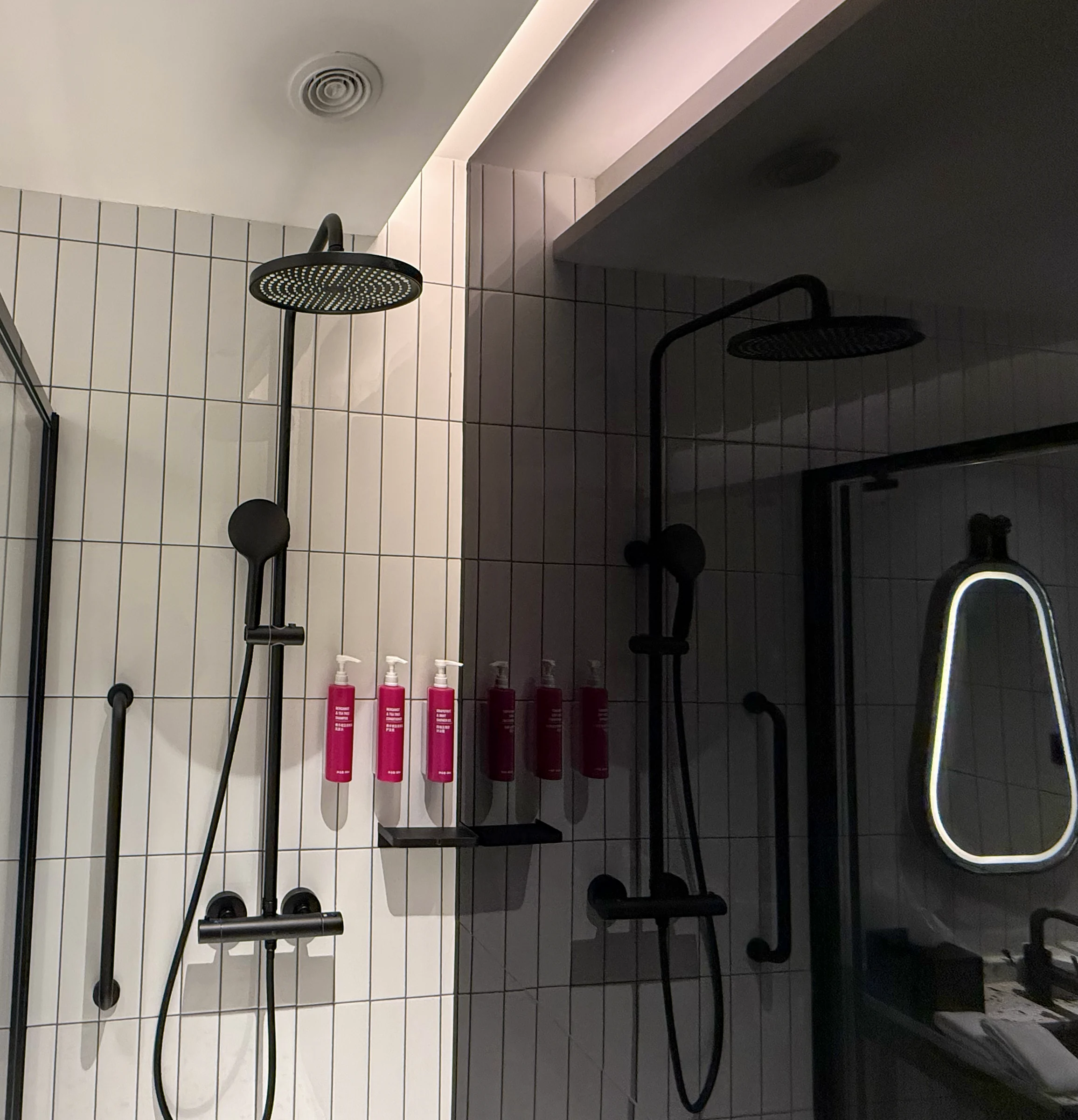The rain shower and bath amenities.
