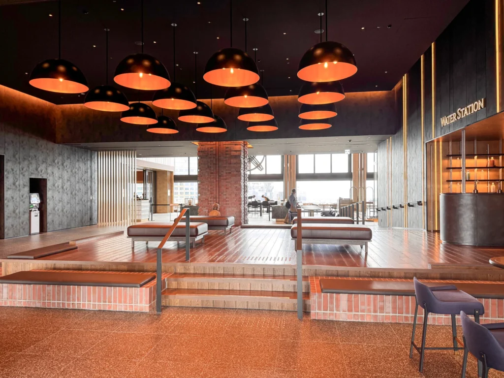 The 29th-floor lobby overlooking Osaka