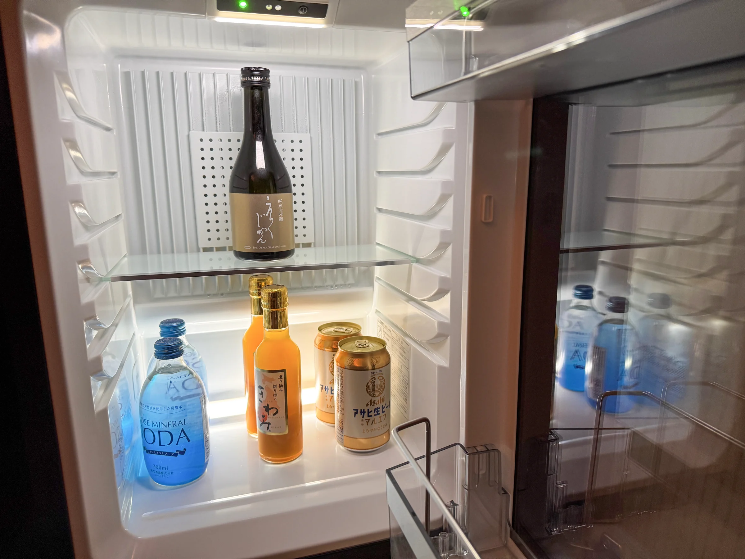 Sake, beer and juice in the fridge
