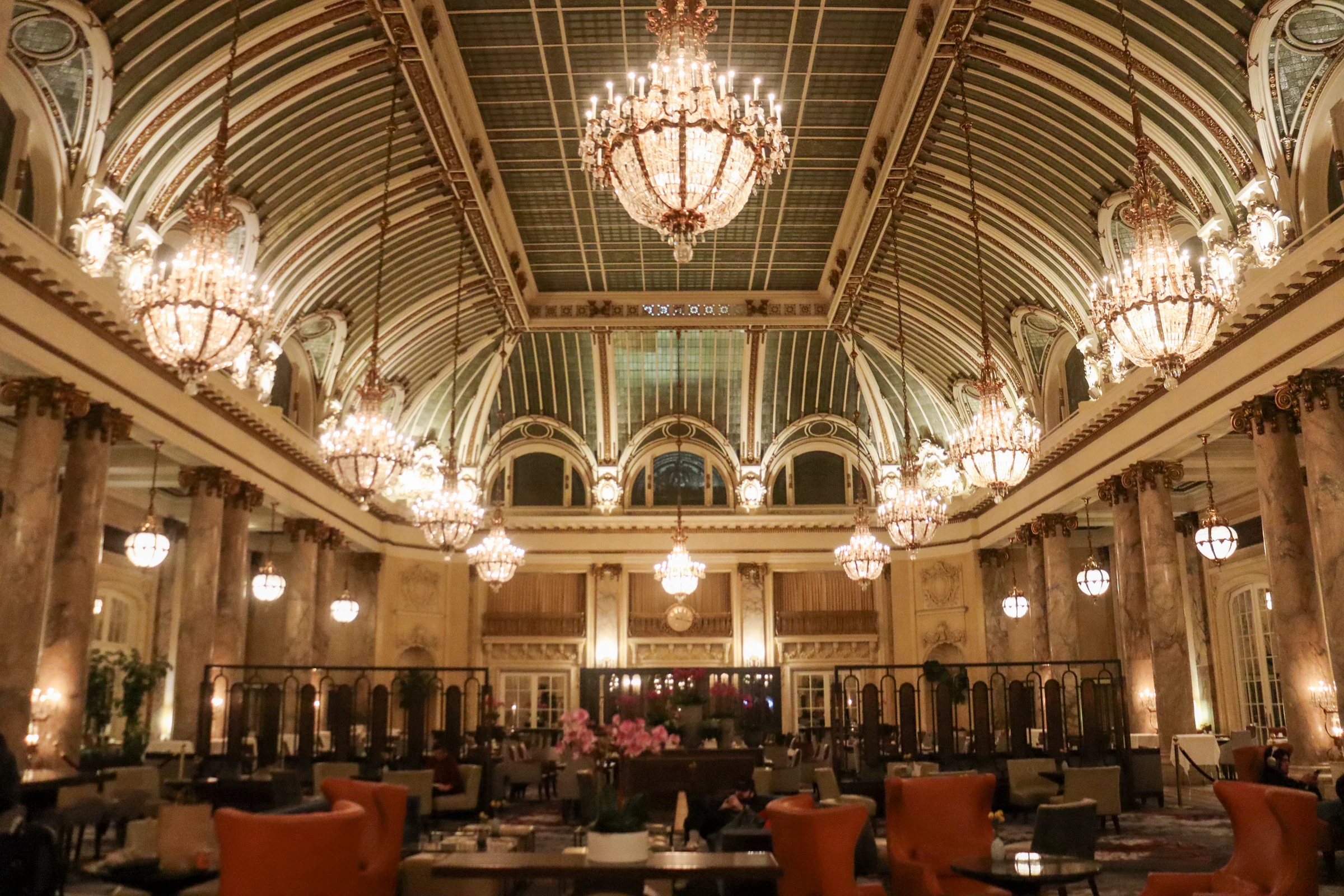 The Garden Court at Palace Hotel San Francisco, with its glass ceiling and chandeliers