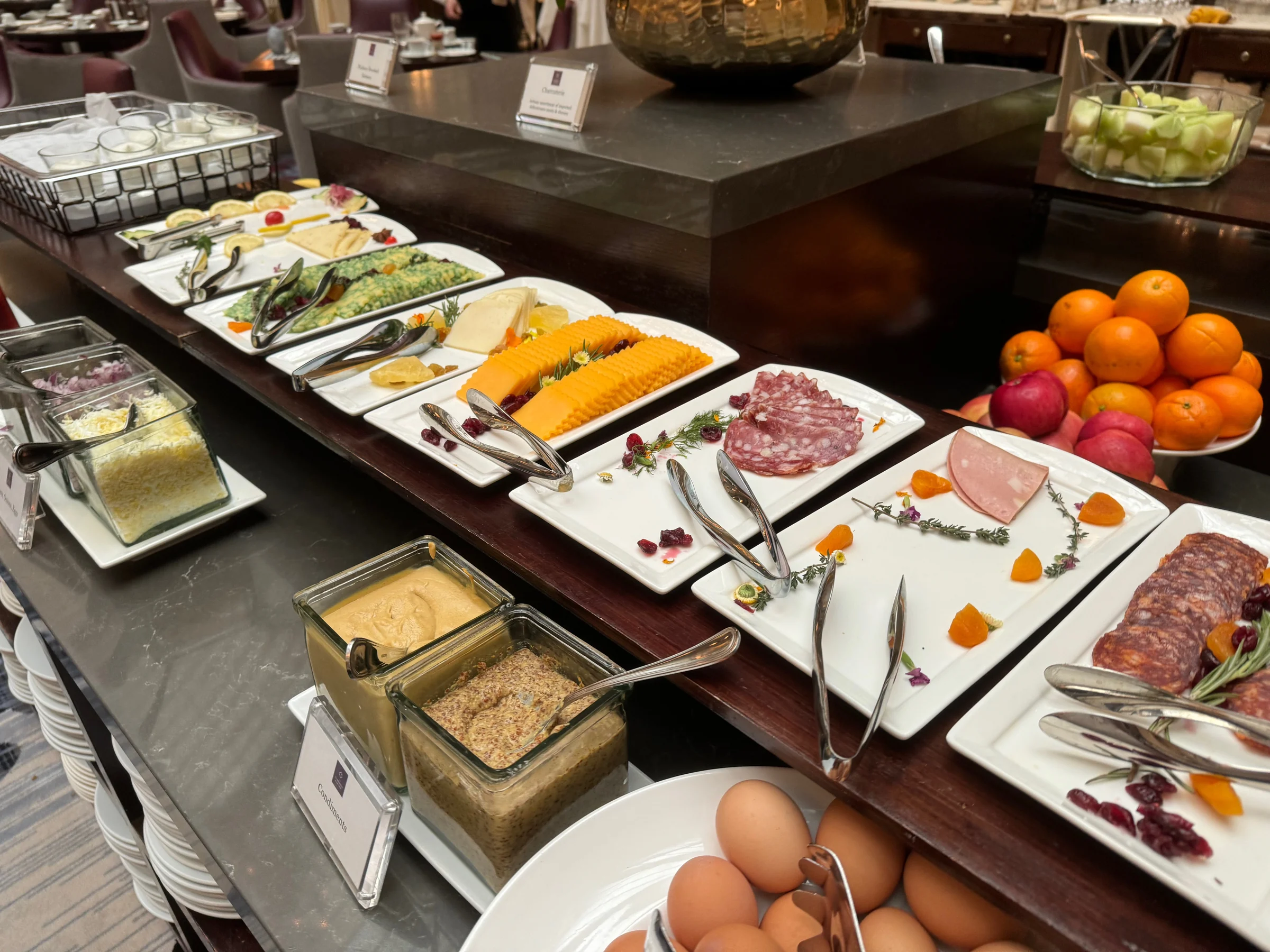 Bread and fruit at the buffet counter.