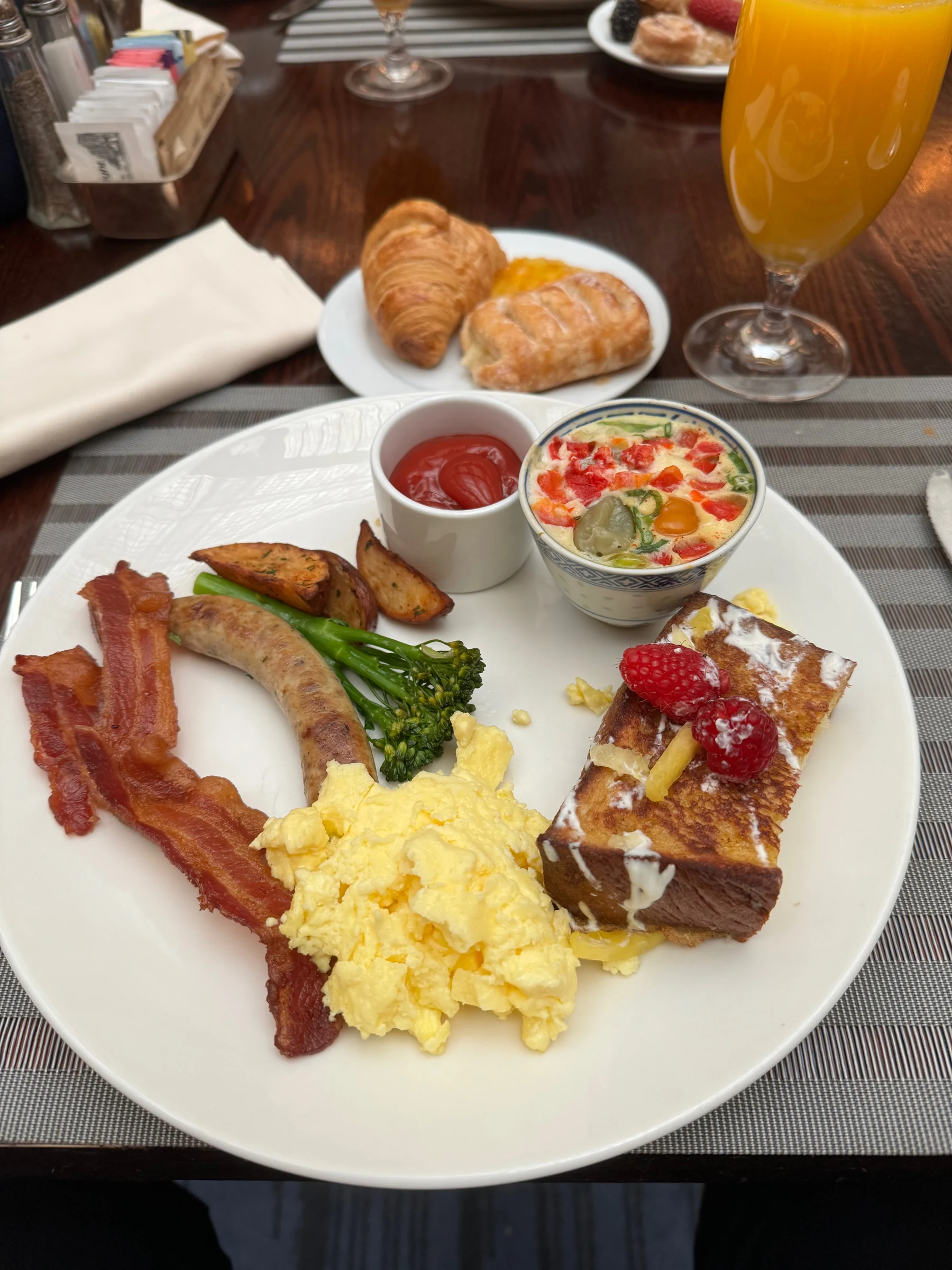 Eggs and fruit for breakfast.