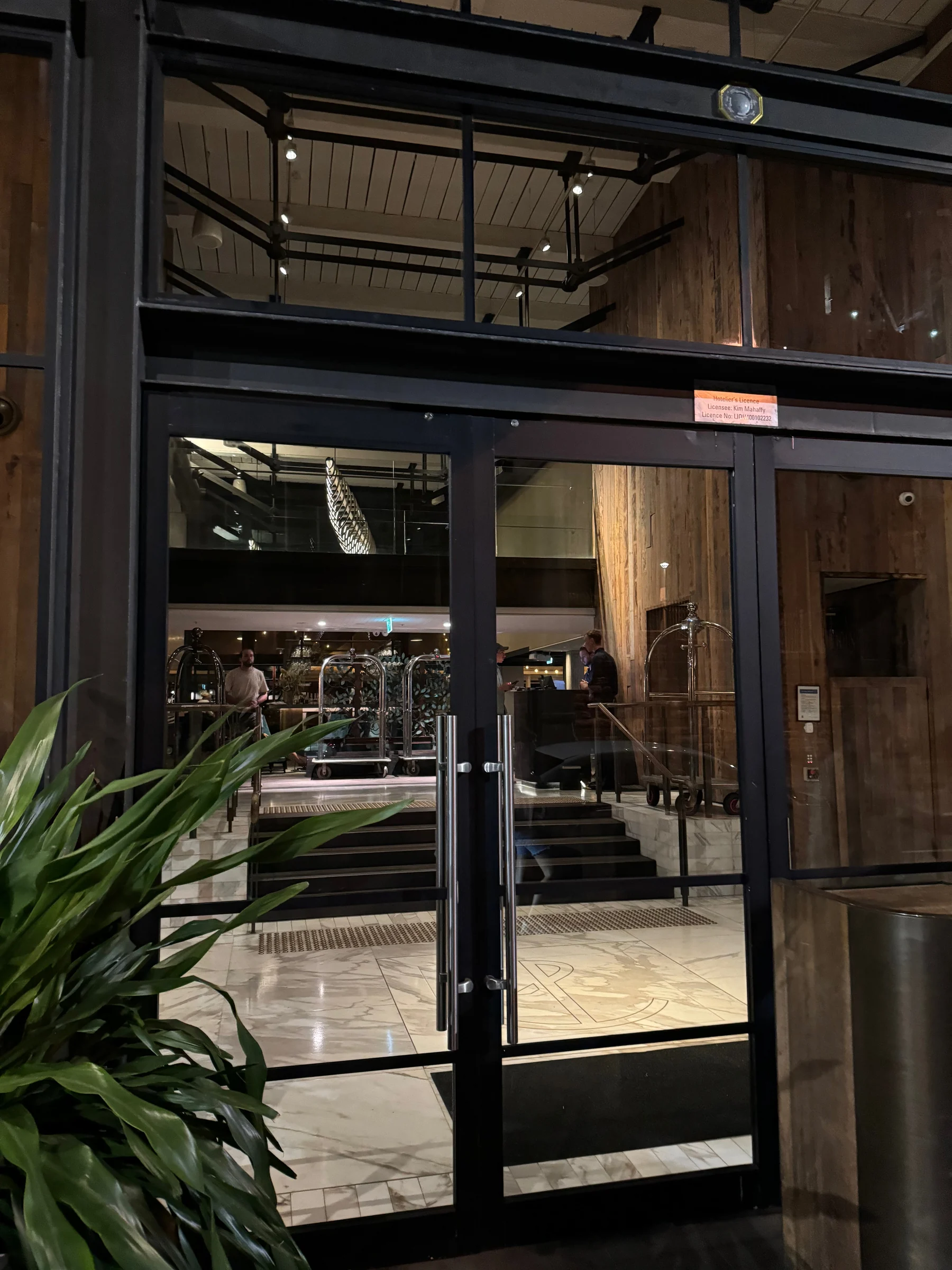 The entrance at night.