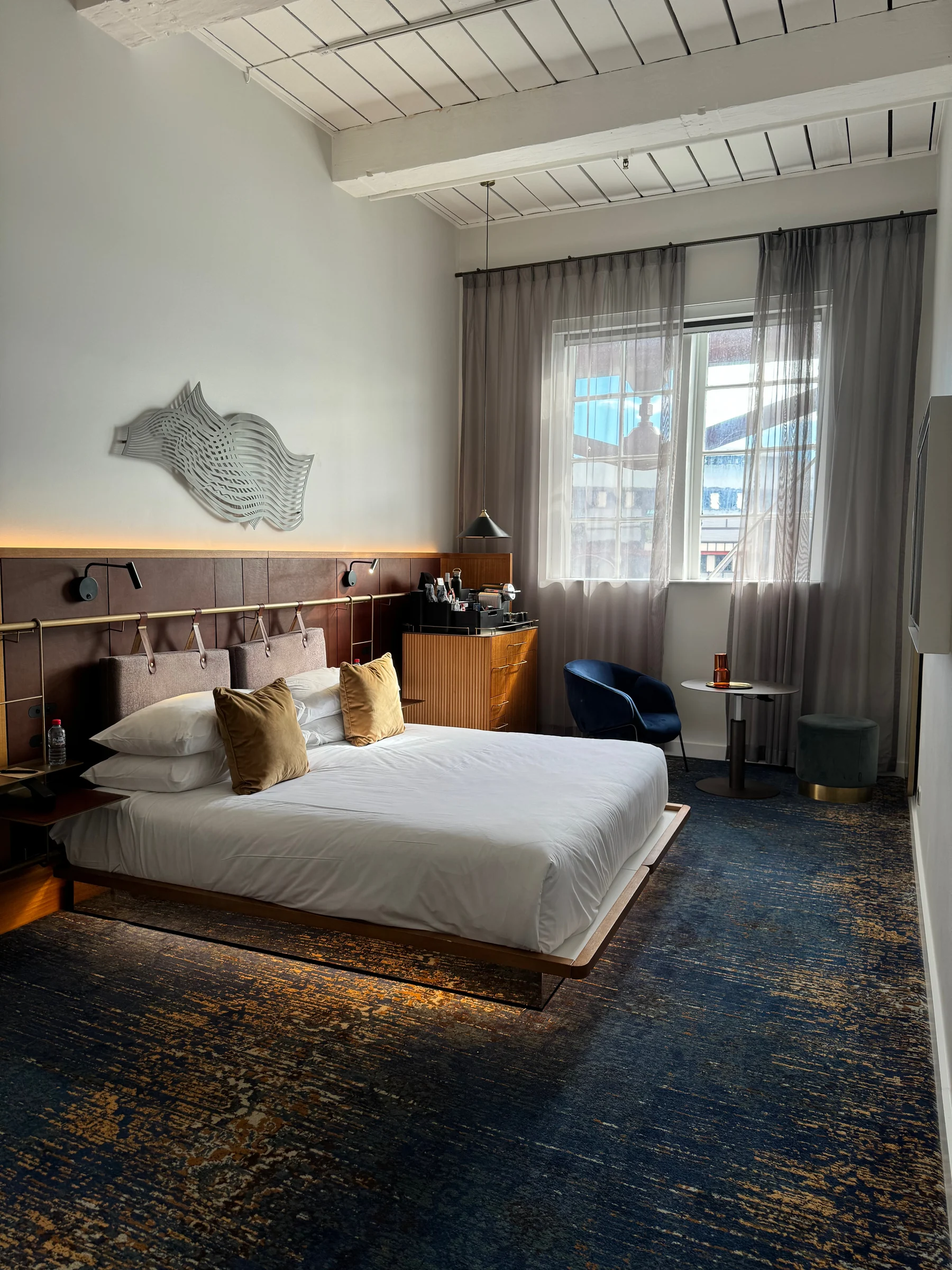 High ceilings and beams in the king room.