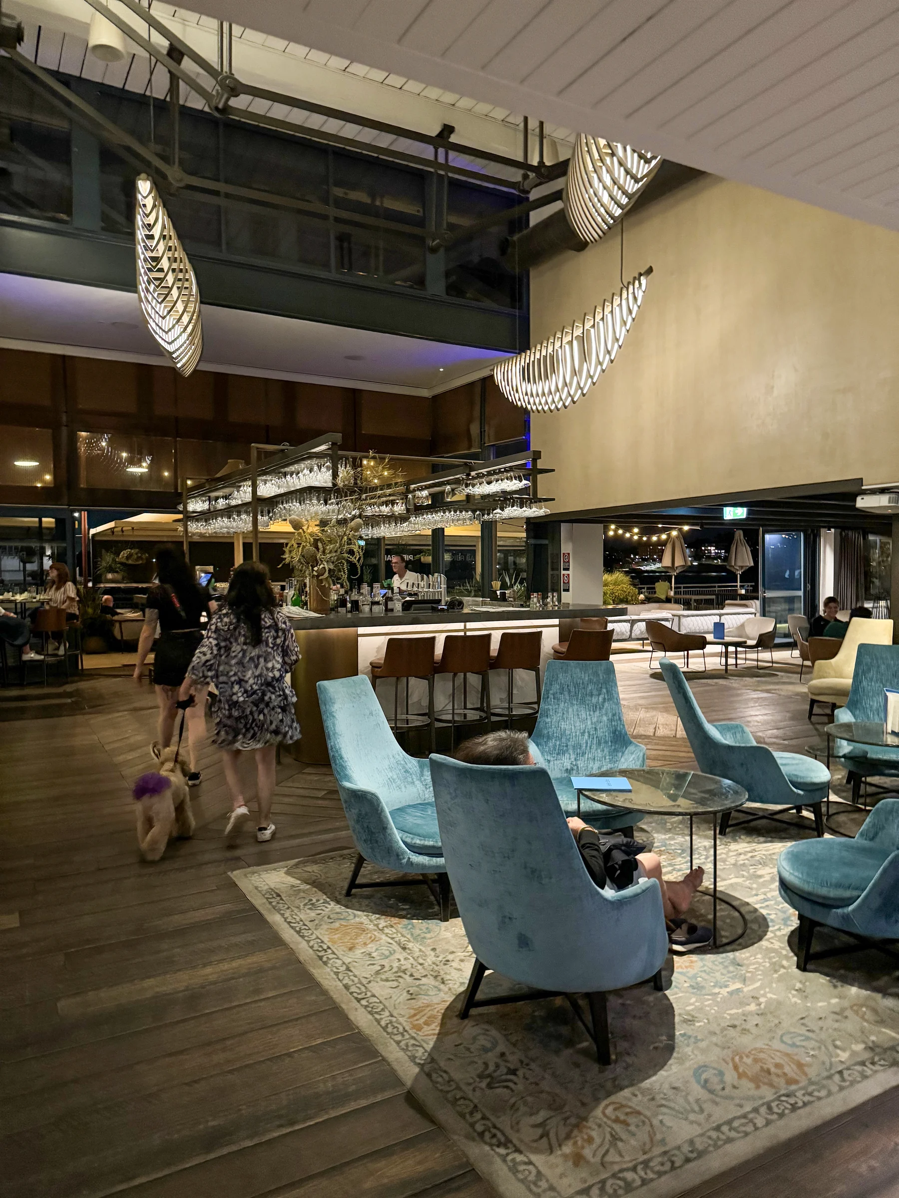 Beams overhead in the restaurant at night.