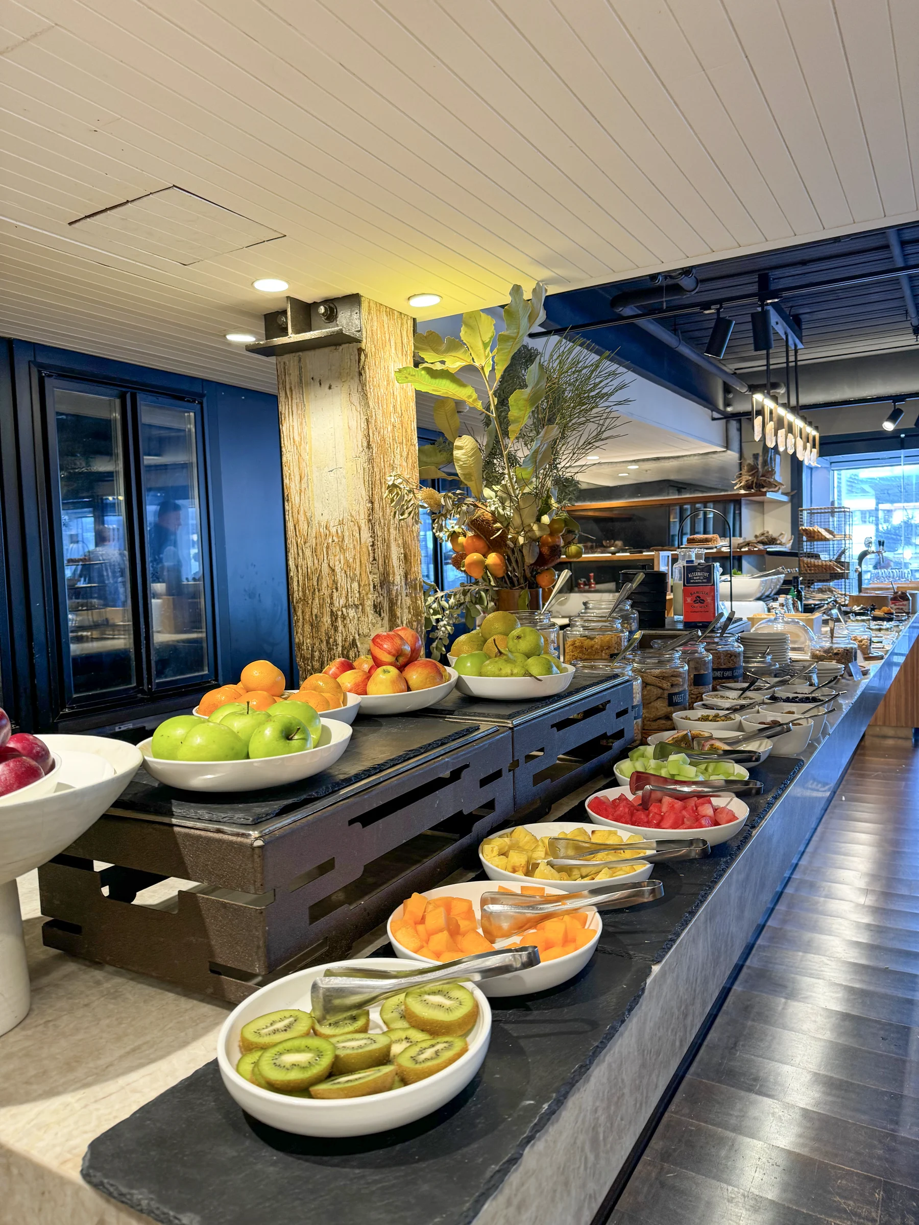 The breakfast buffet counter.