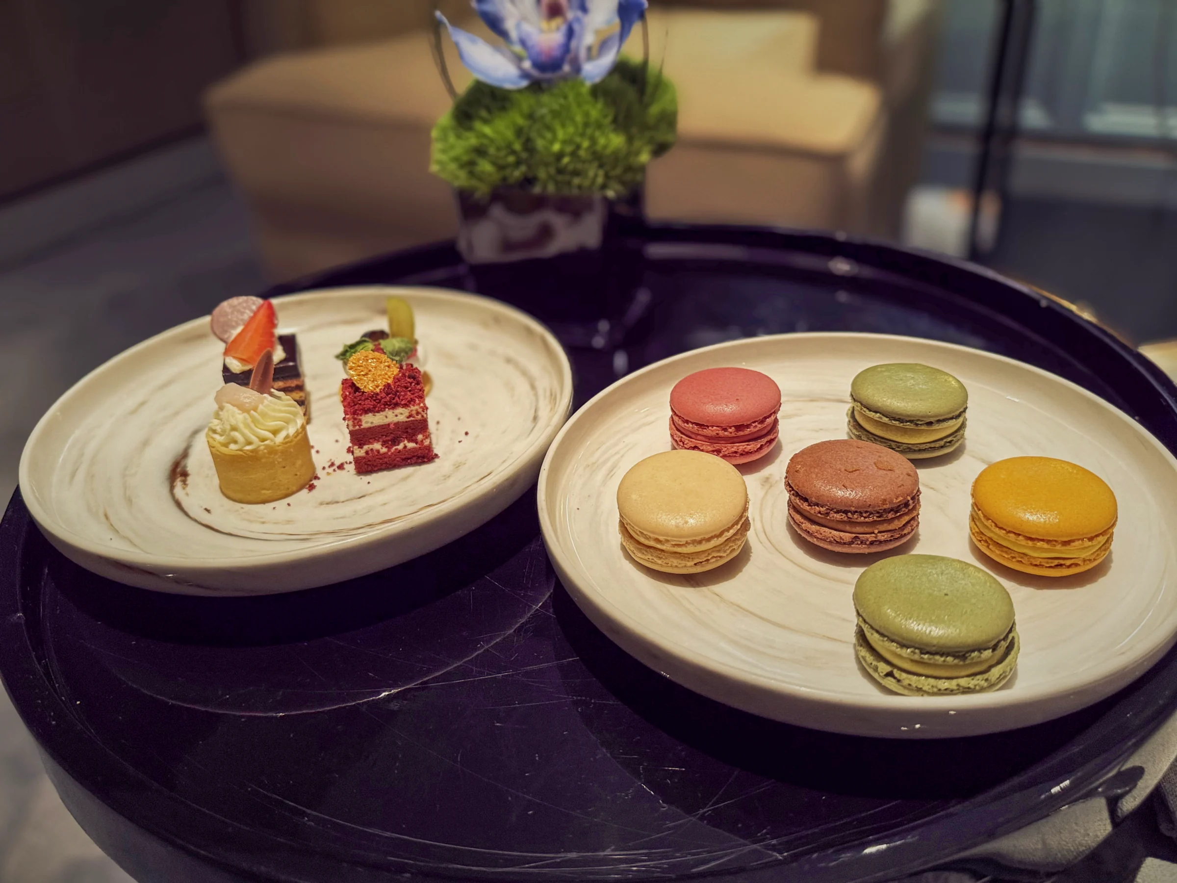 Cake and macarons for dessert