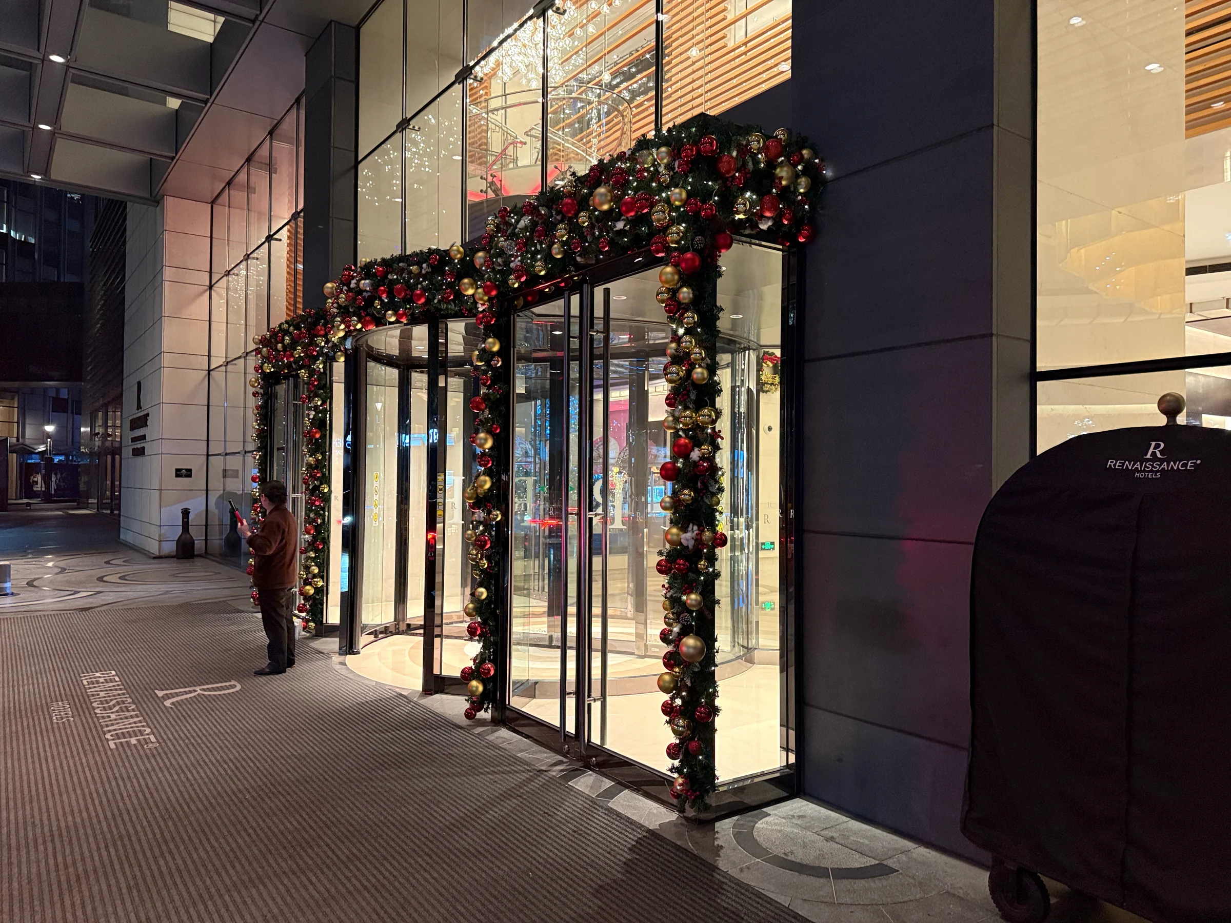 The entrance with Christmas decorations.