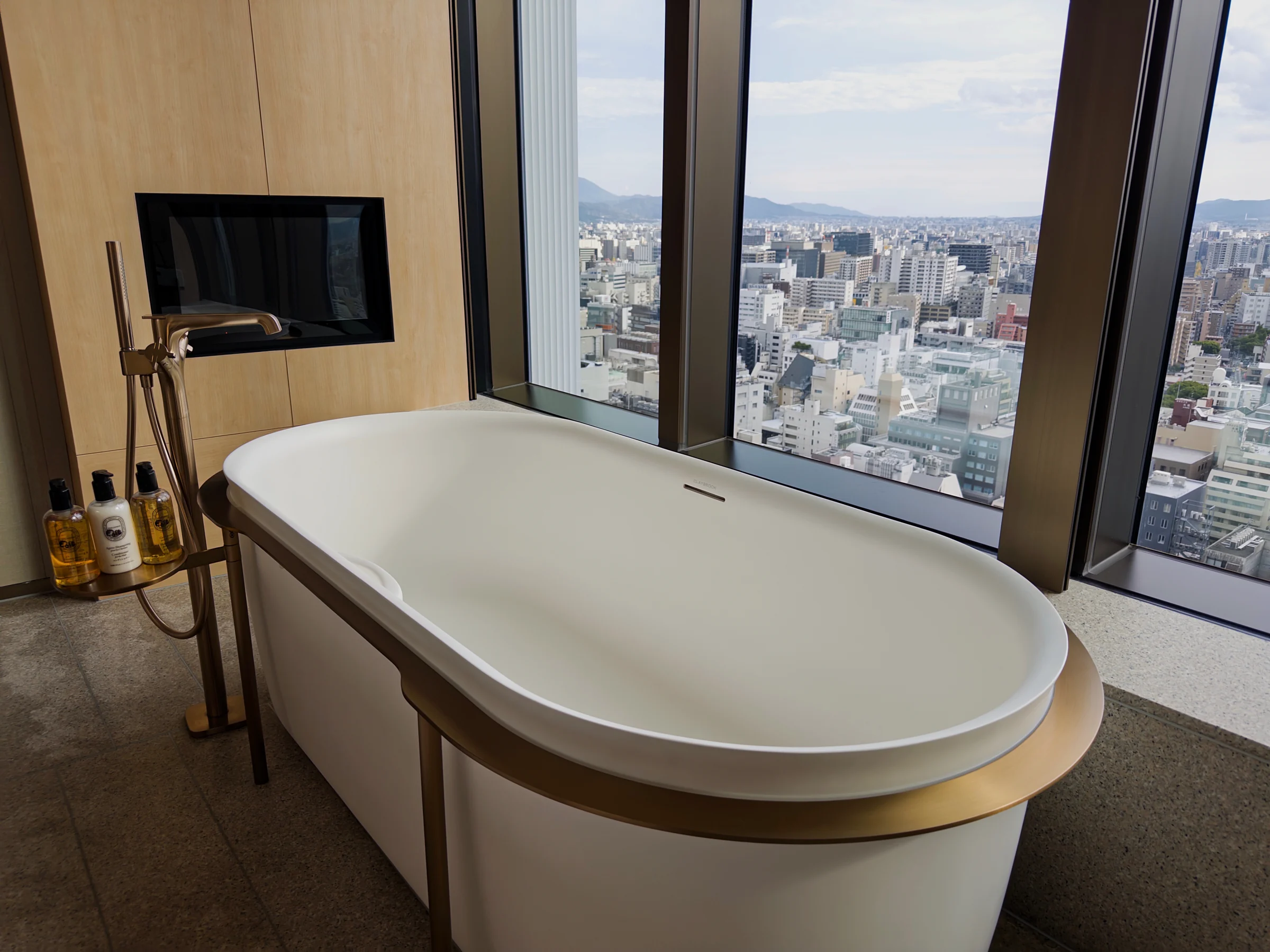 A bathtub by the window overlooking the city