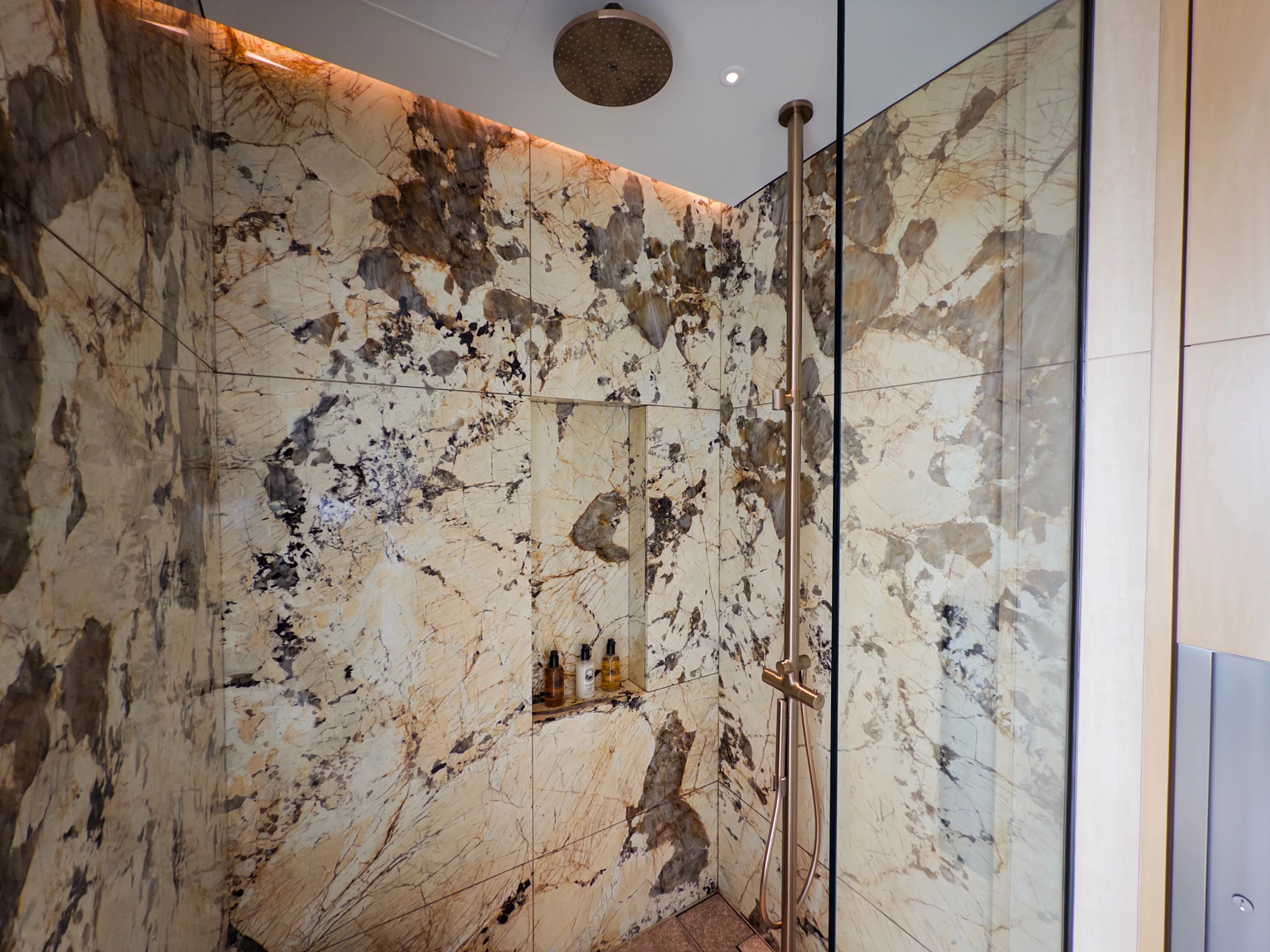 The marble-patterned shower area