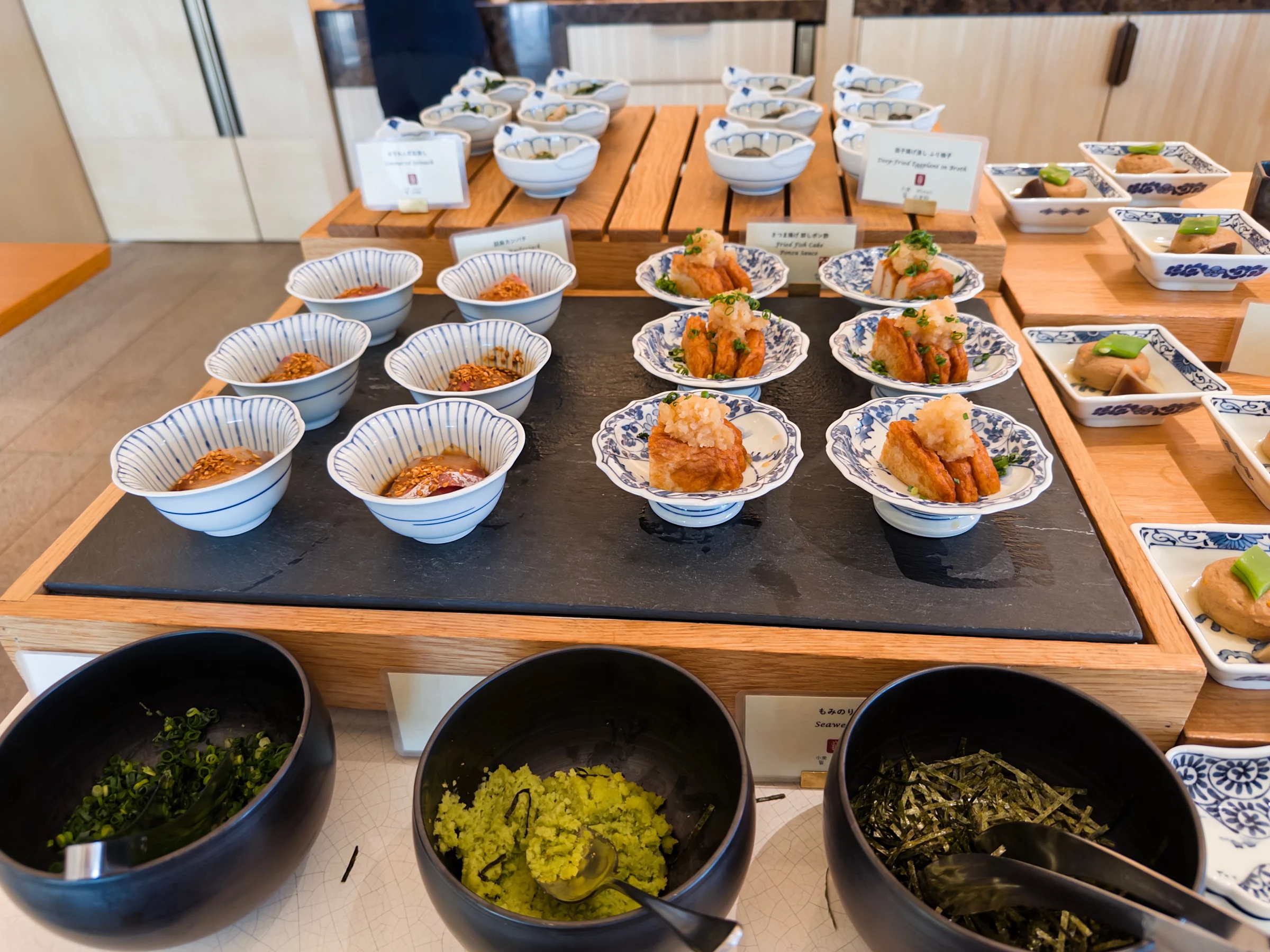 Japanese breakfast dishes and condiments
