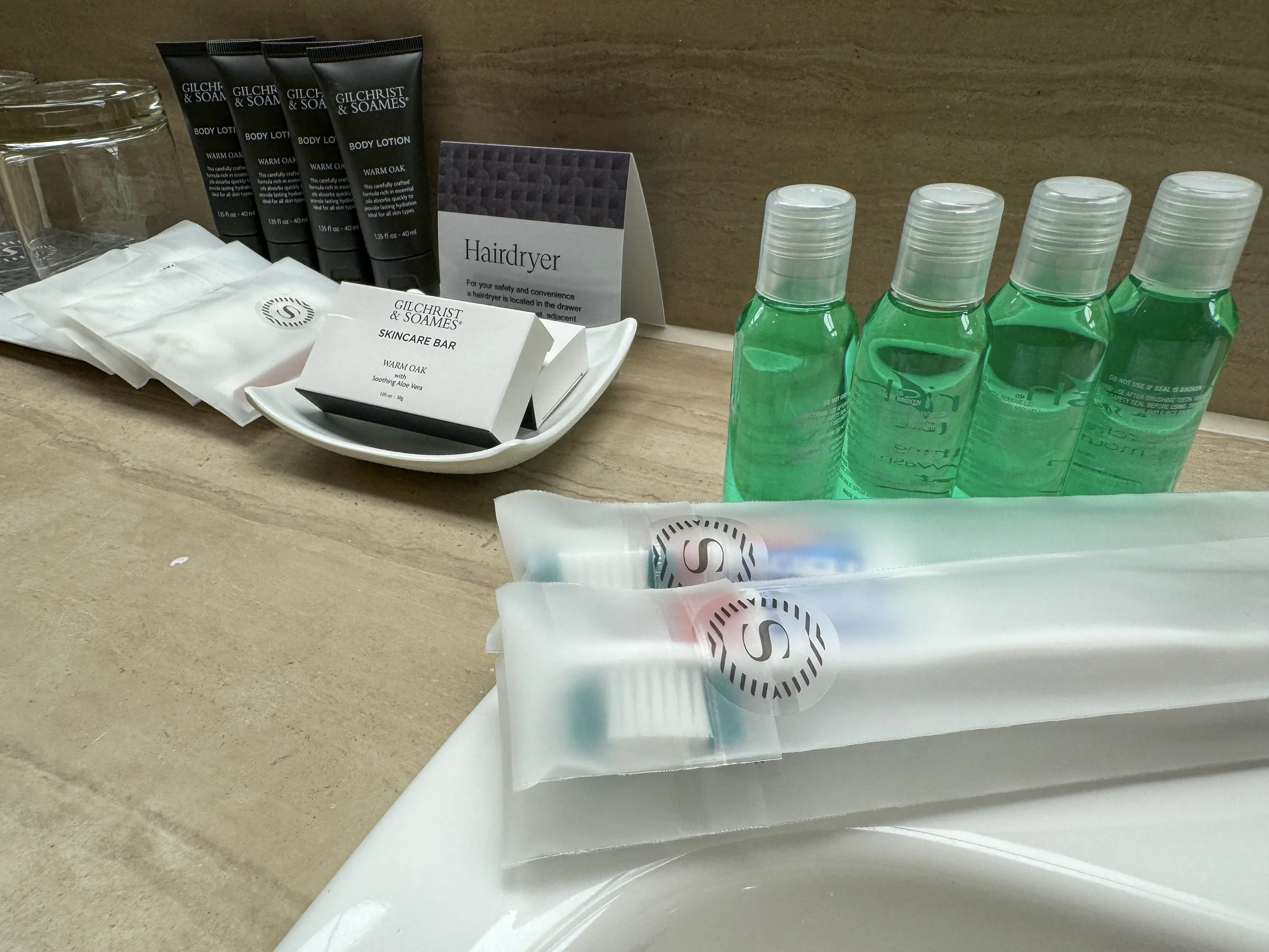 Amenities on the vanity.
