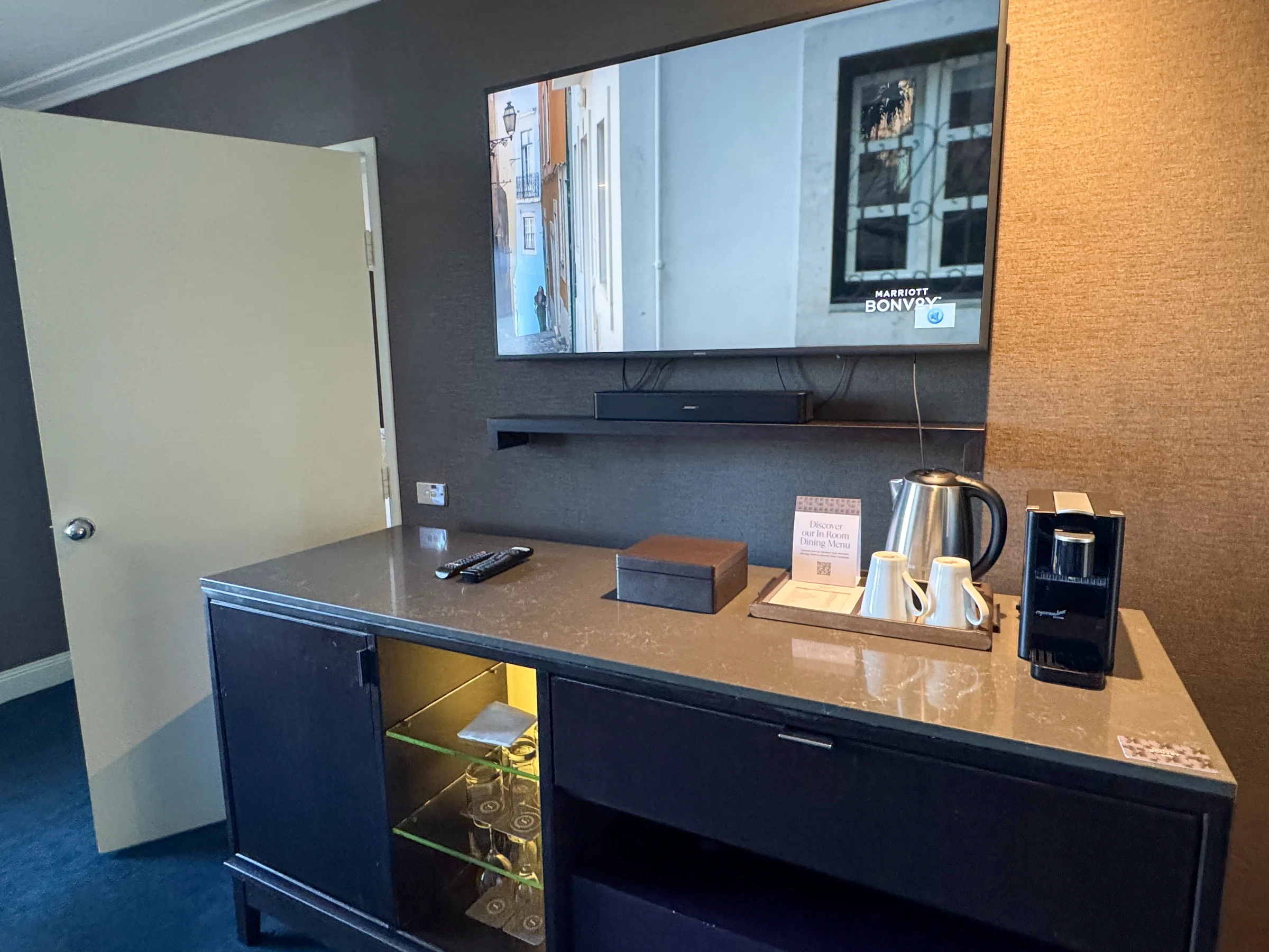 The minibar and coffee and tea supplies.
