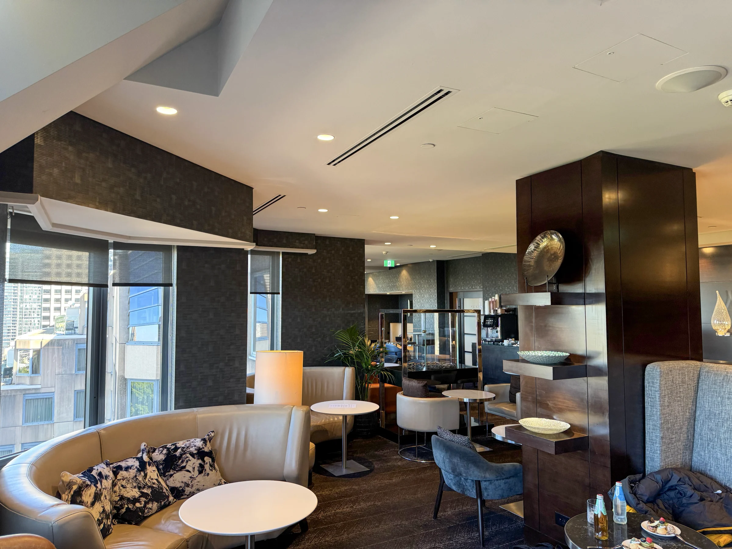 The club lounge surrounded by windows.