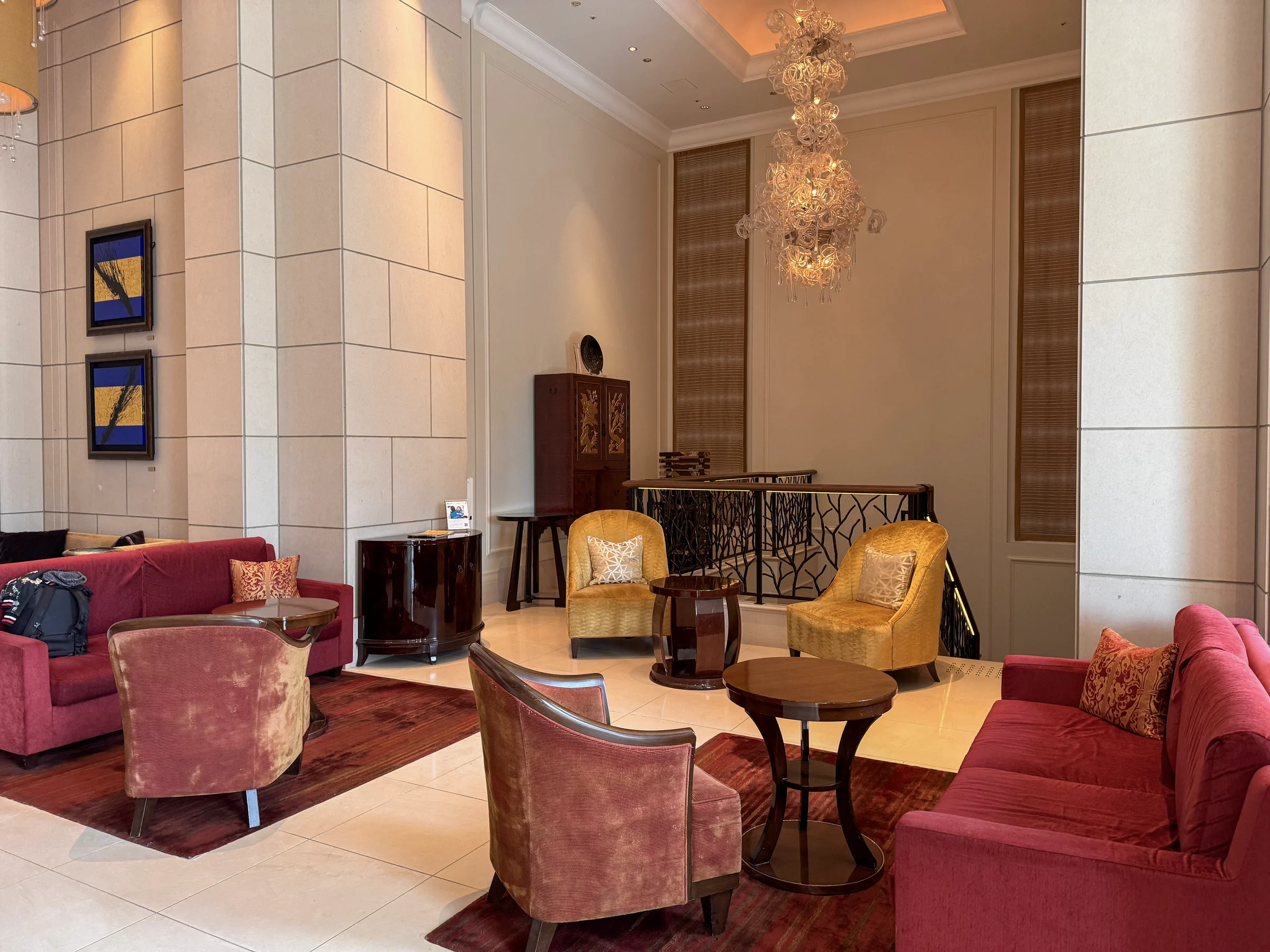 Red sofas in the lobby.
