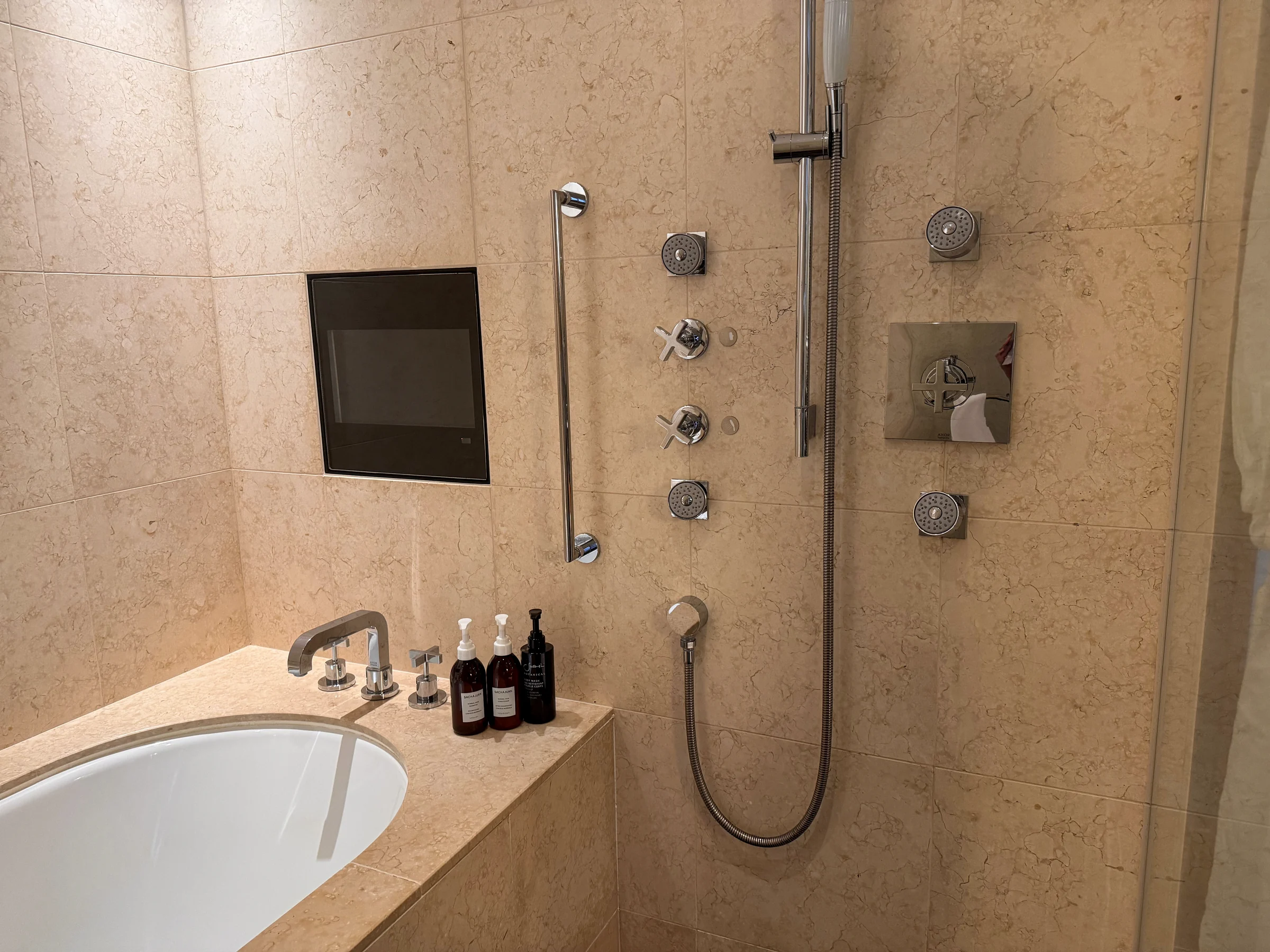 The shower beside the bathtub.