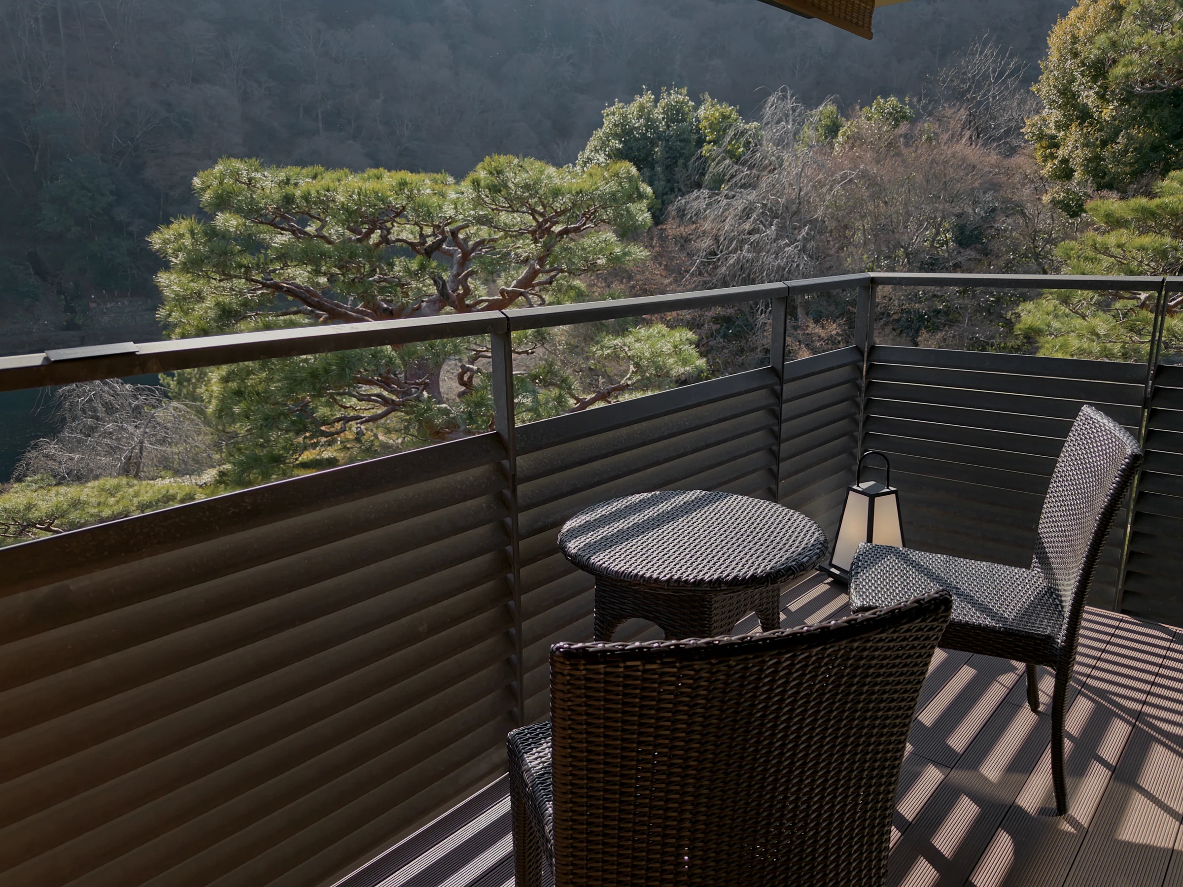 A balcony beside the onsen and a mountain view