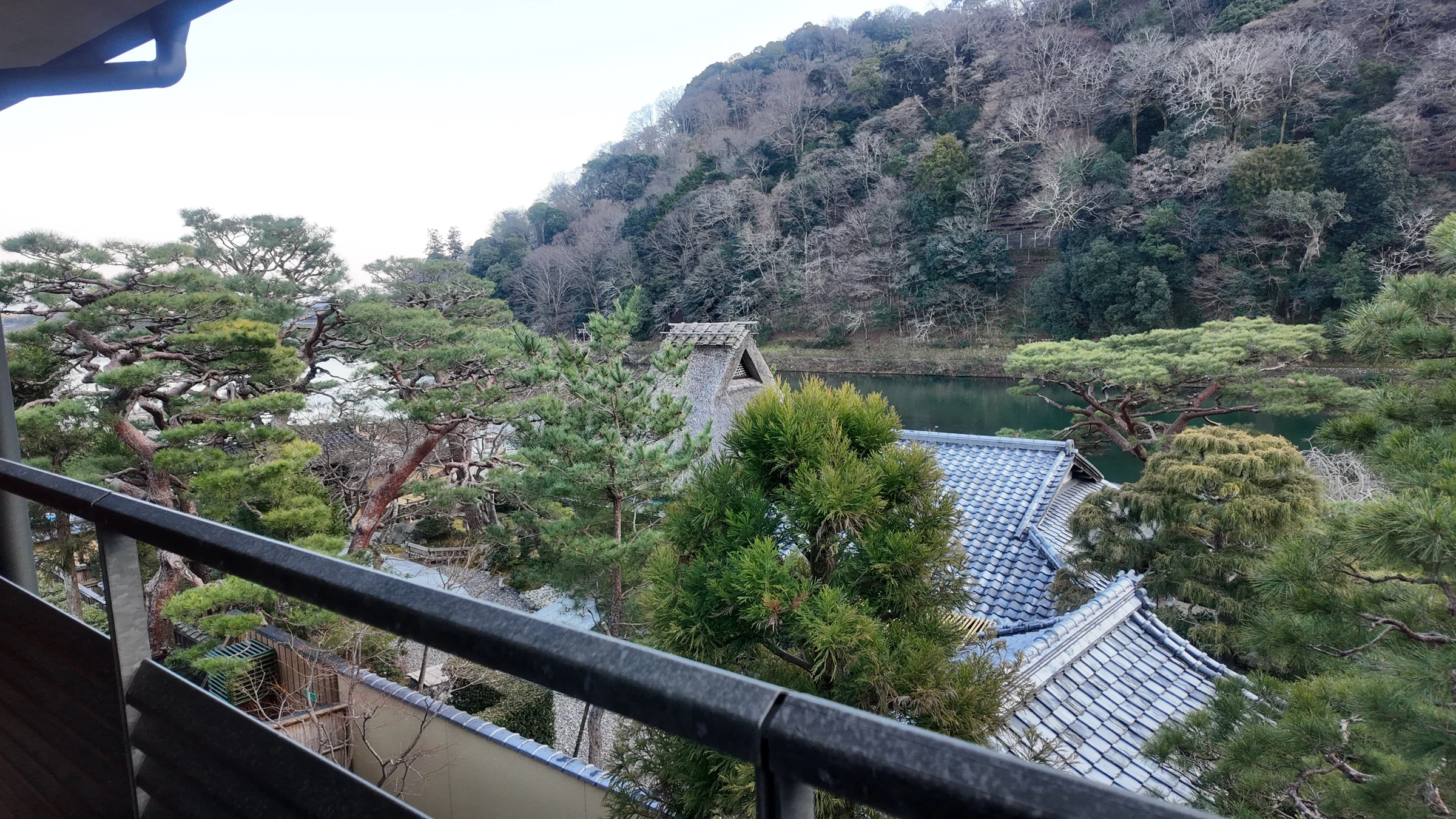 客室から見下ろす瓦屋根と嵐山の木々