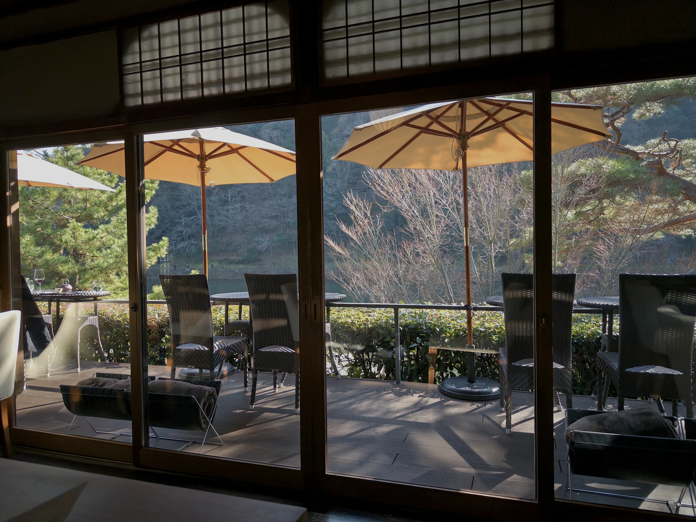 Seating in the tea room with a garden beyond the window