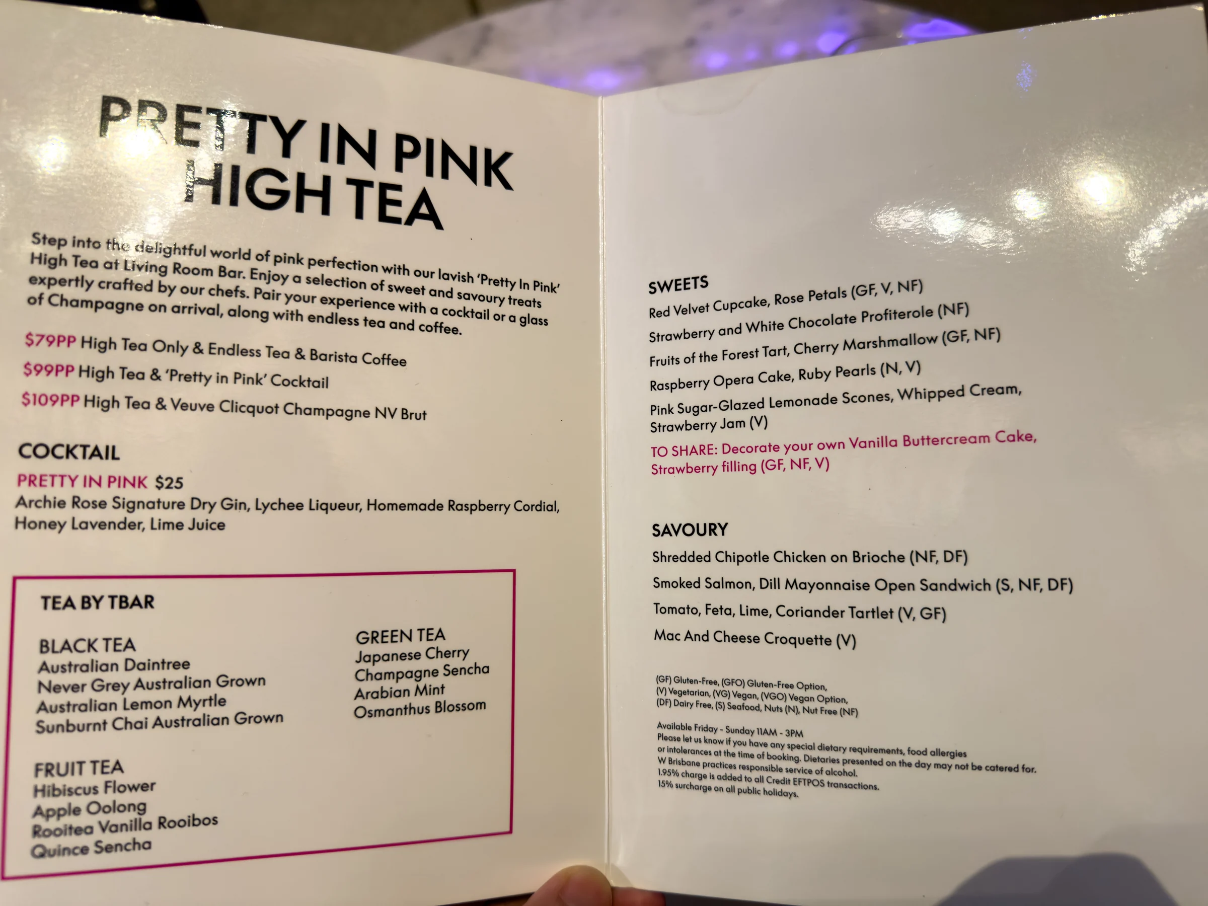 The high-tea menu labeled Pretty in Pink.