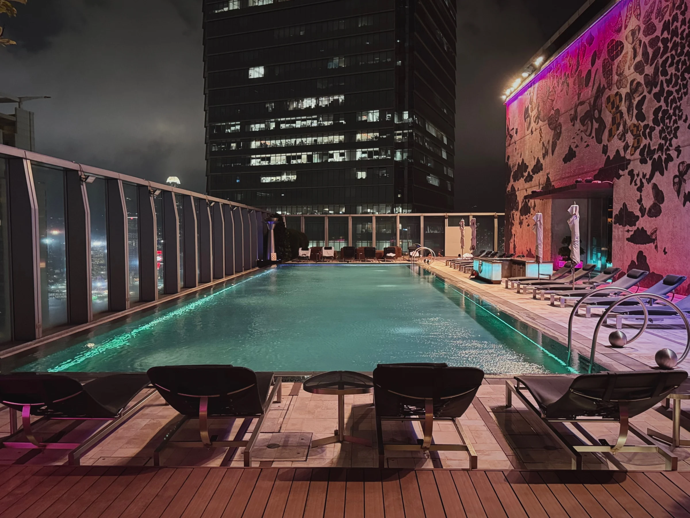 The rooftop pool at night.