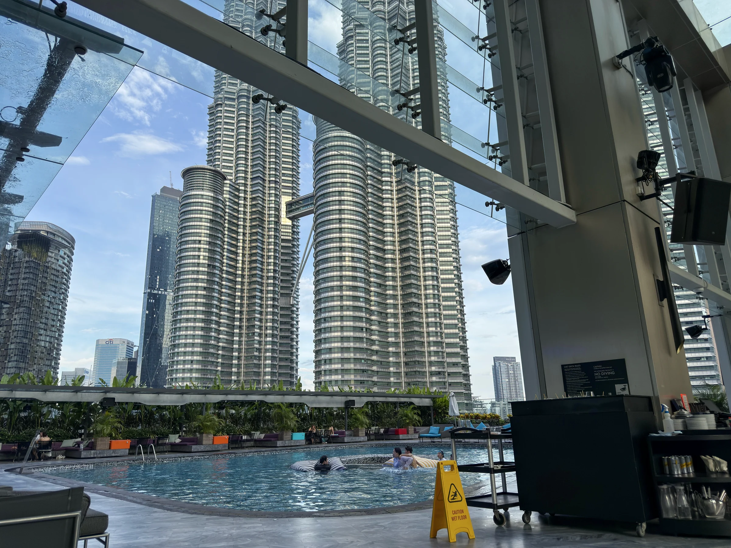 WET Deck by day, with the Twin Towers right in front.