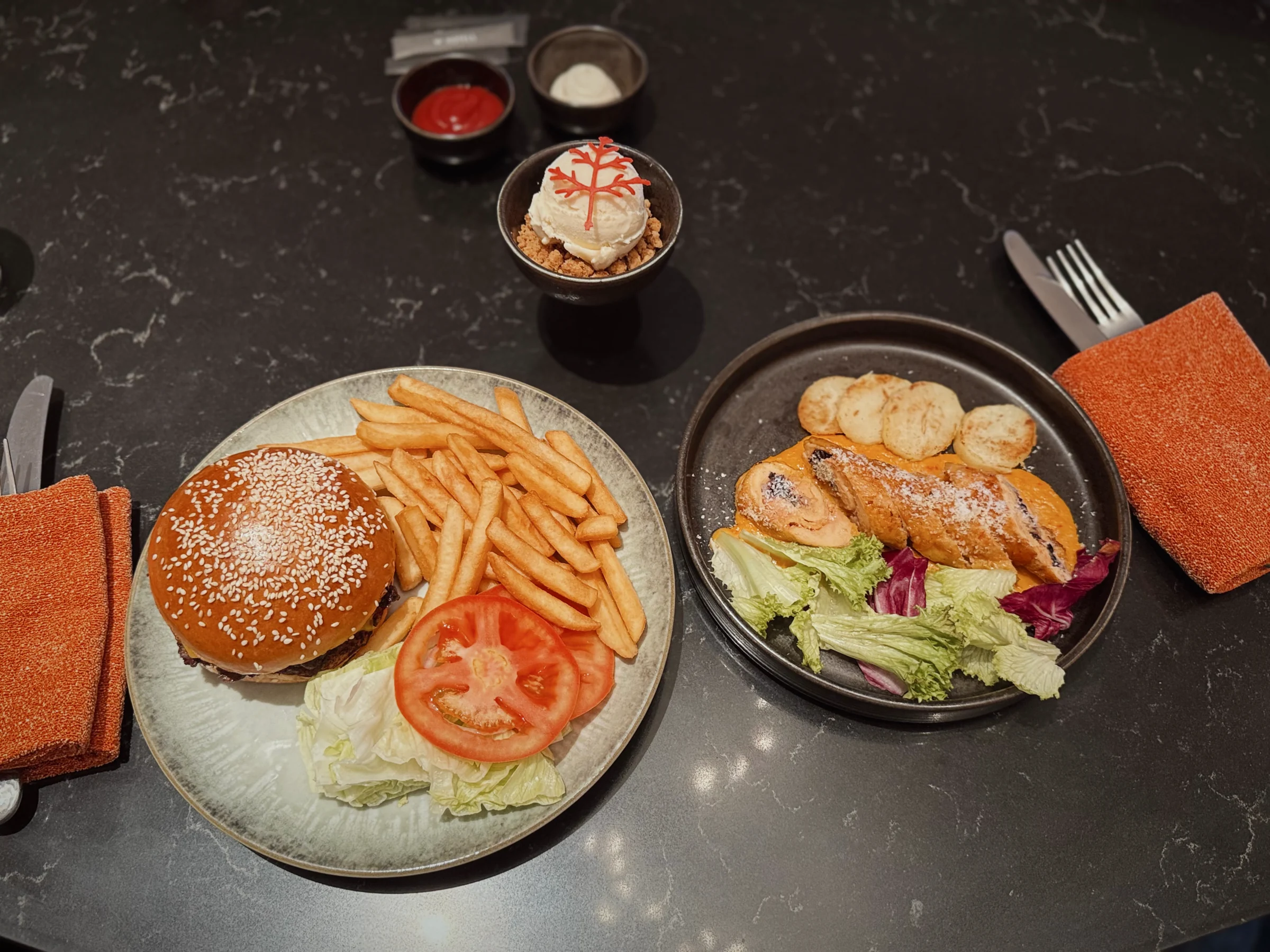 A room-service burger and chicken