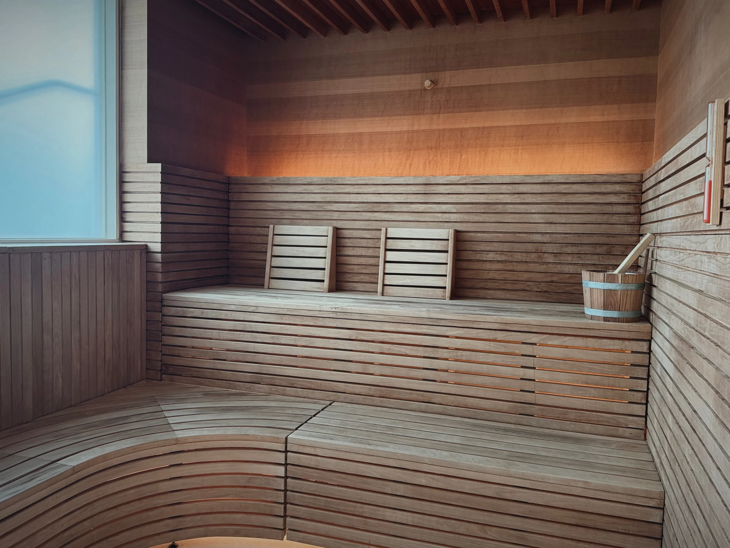 Wooden benches in the dry sauna
