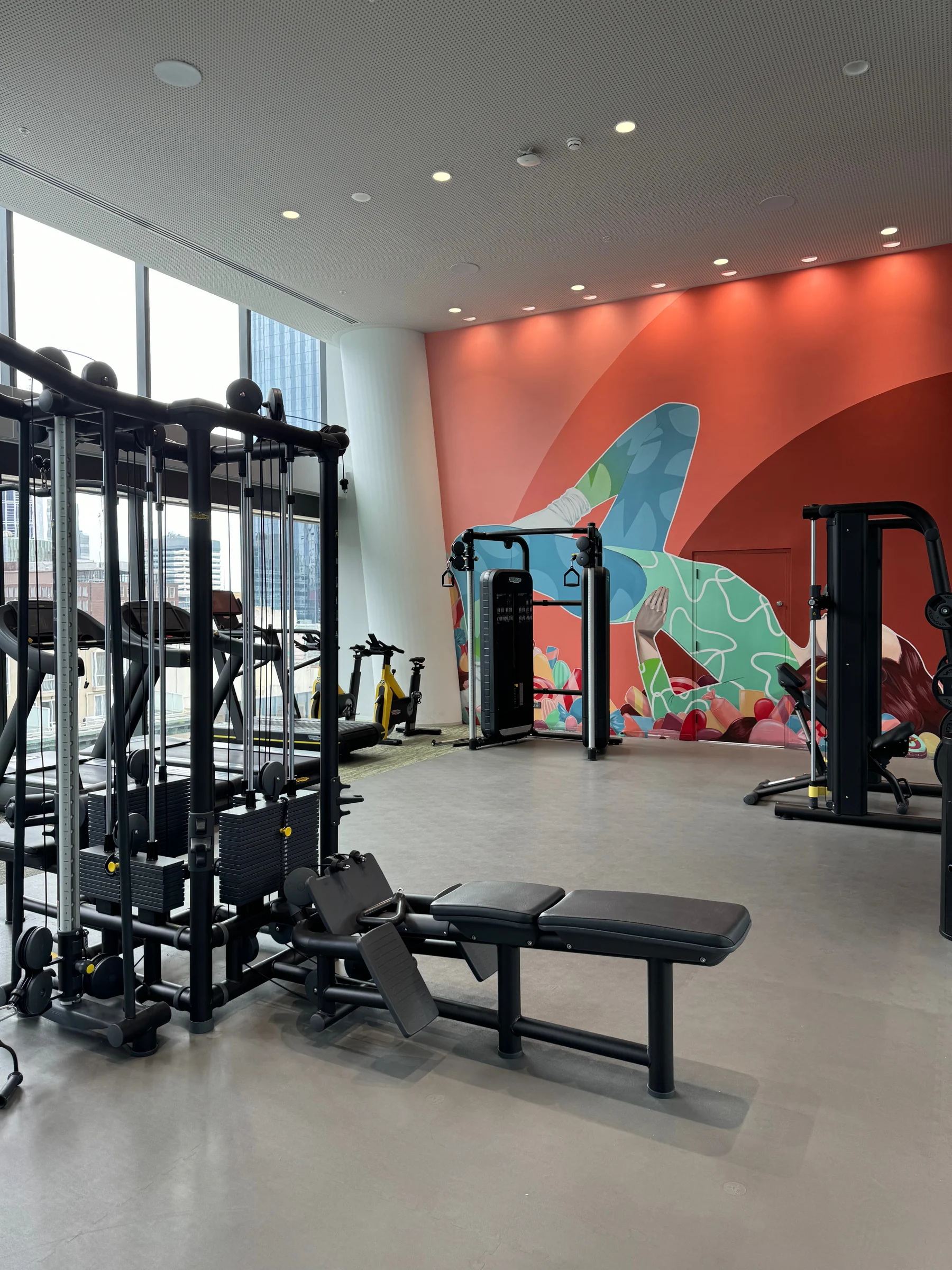 The gym with light coming through the windows.